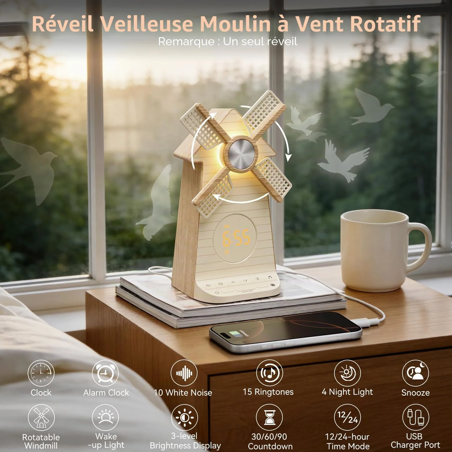 RETEYUNG Réveil avec veilleuse enfant à moulin à vent rotatif, simulateur d'aube, Alarme LED avec snooze