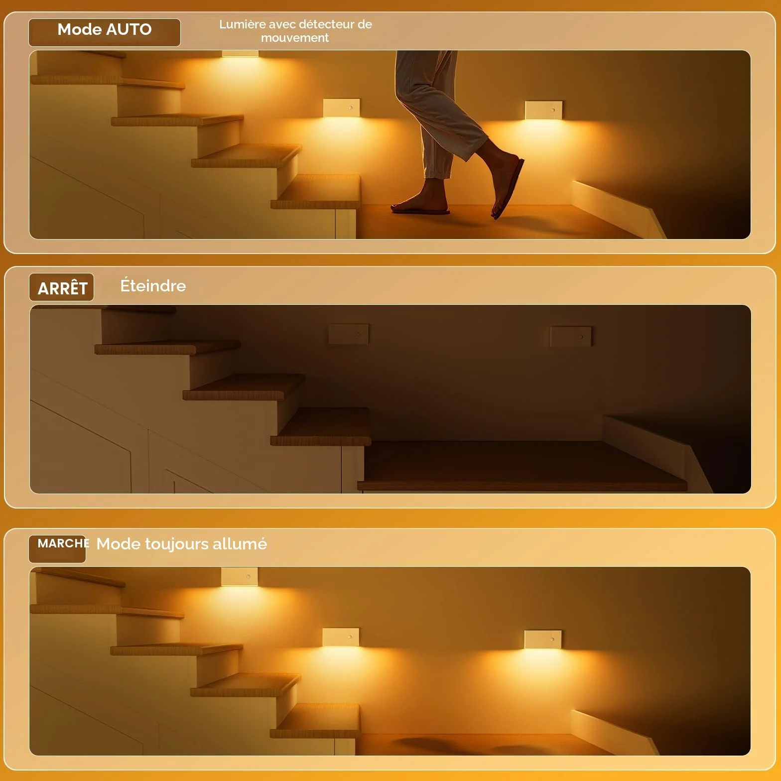 Veilleuse Détecteur de Mouvement LED Rechargeable Lot de 4 2700K pour Intérieur Escaliers Couloirs