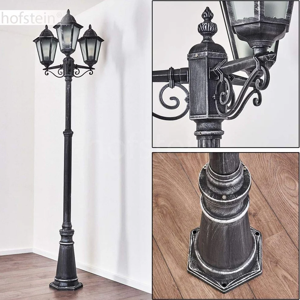 Réverbère Lignac lampadaire vintage aluminium moulé noir argenté verre dépoli 245 cm 3 lanternes E27 IP44