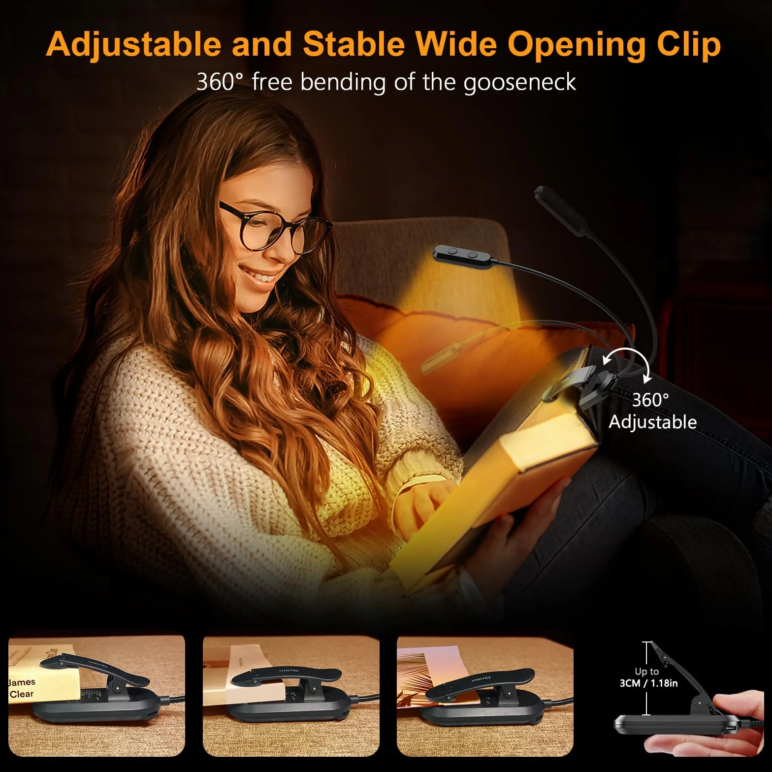 Gritin Lampe de Lecture Rechargeable 11 LED Liseuse Lampe Clip Protection des Yeux 3 Couleurs 3 Niveaux de Luminosité 360° Cou Flexible