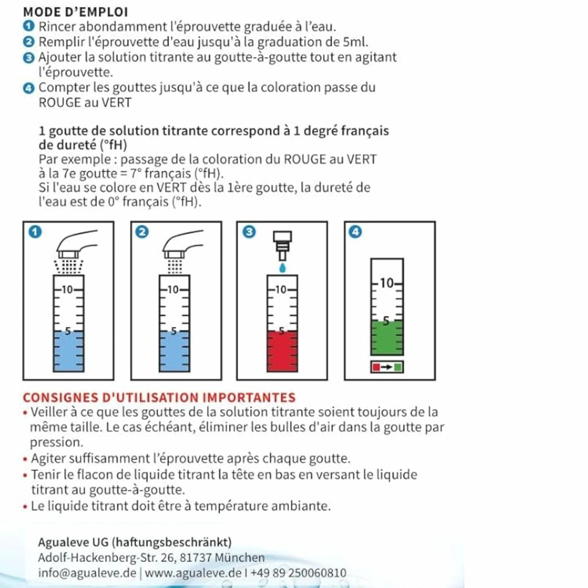 AGUALEVE® Test de dureté de l'eau 25-200 mesures 1x15ml Made in Germany