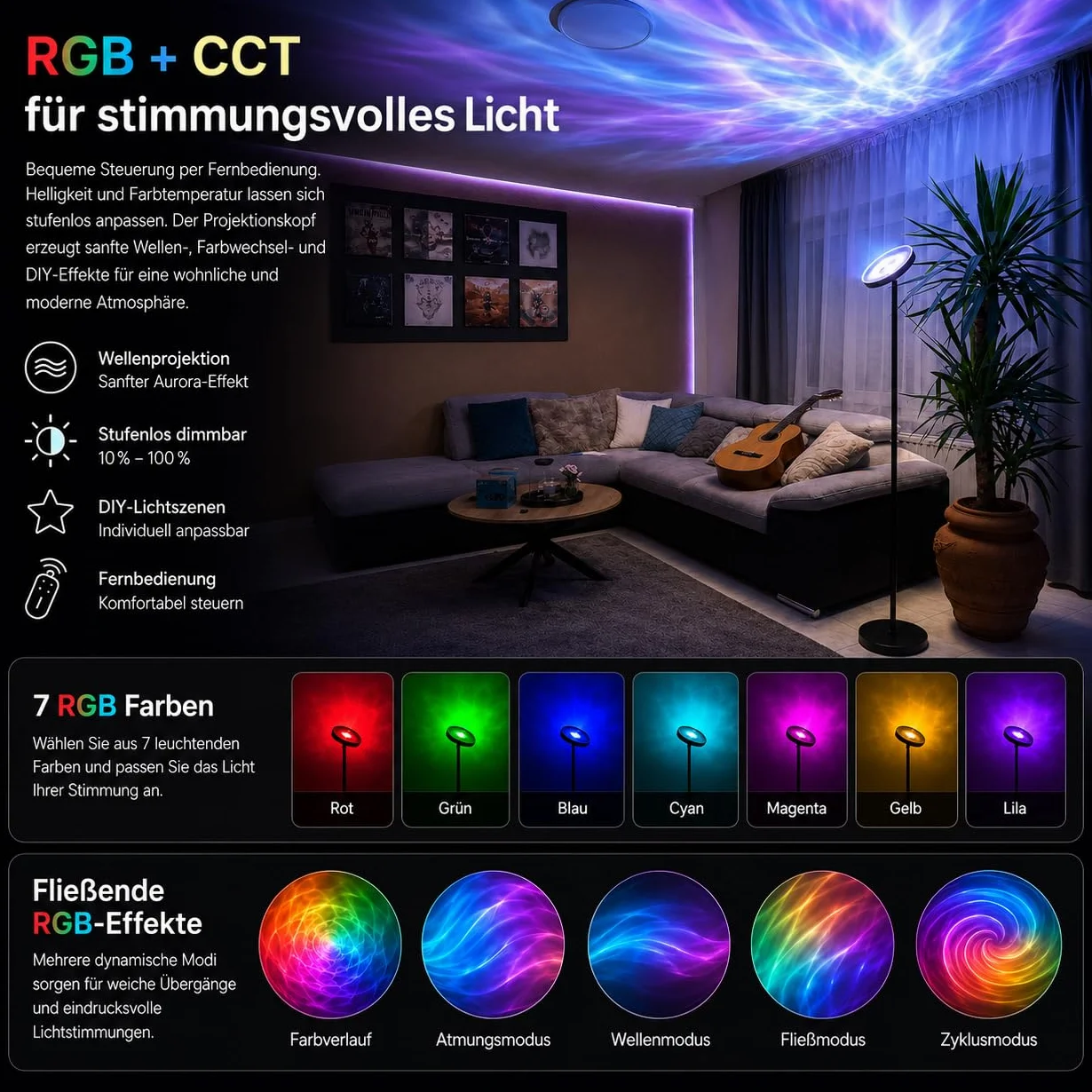 Lampadaire LED RGB avec Télécommande Projecteur Ciel Étoilé Dimmable Noir