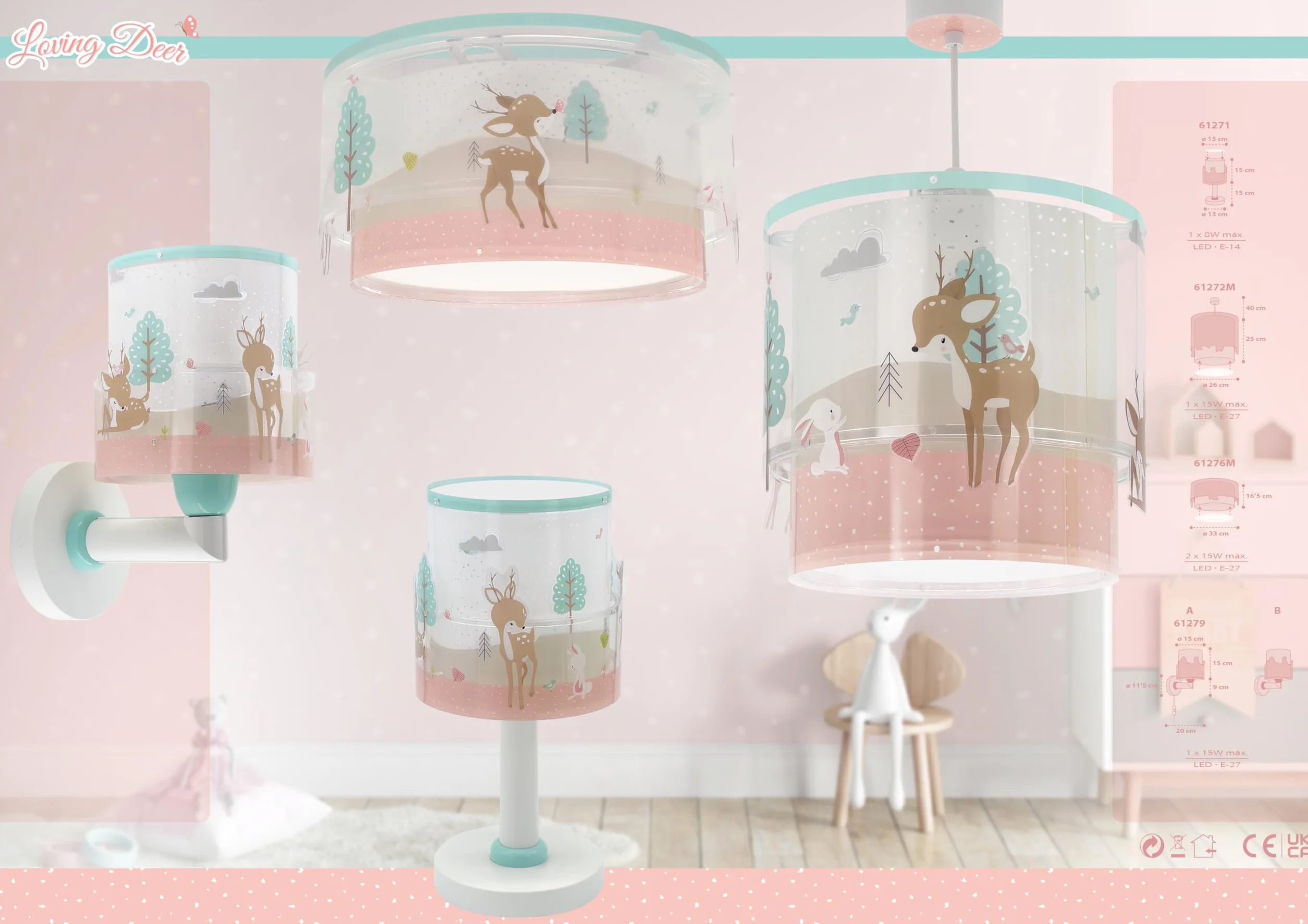 Dalber Plafonnier Enfant Lampe de Plafond Cerf Rose E27 2x15W