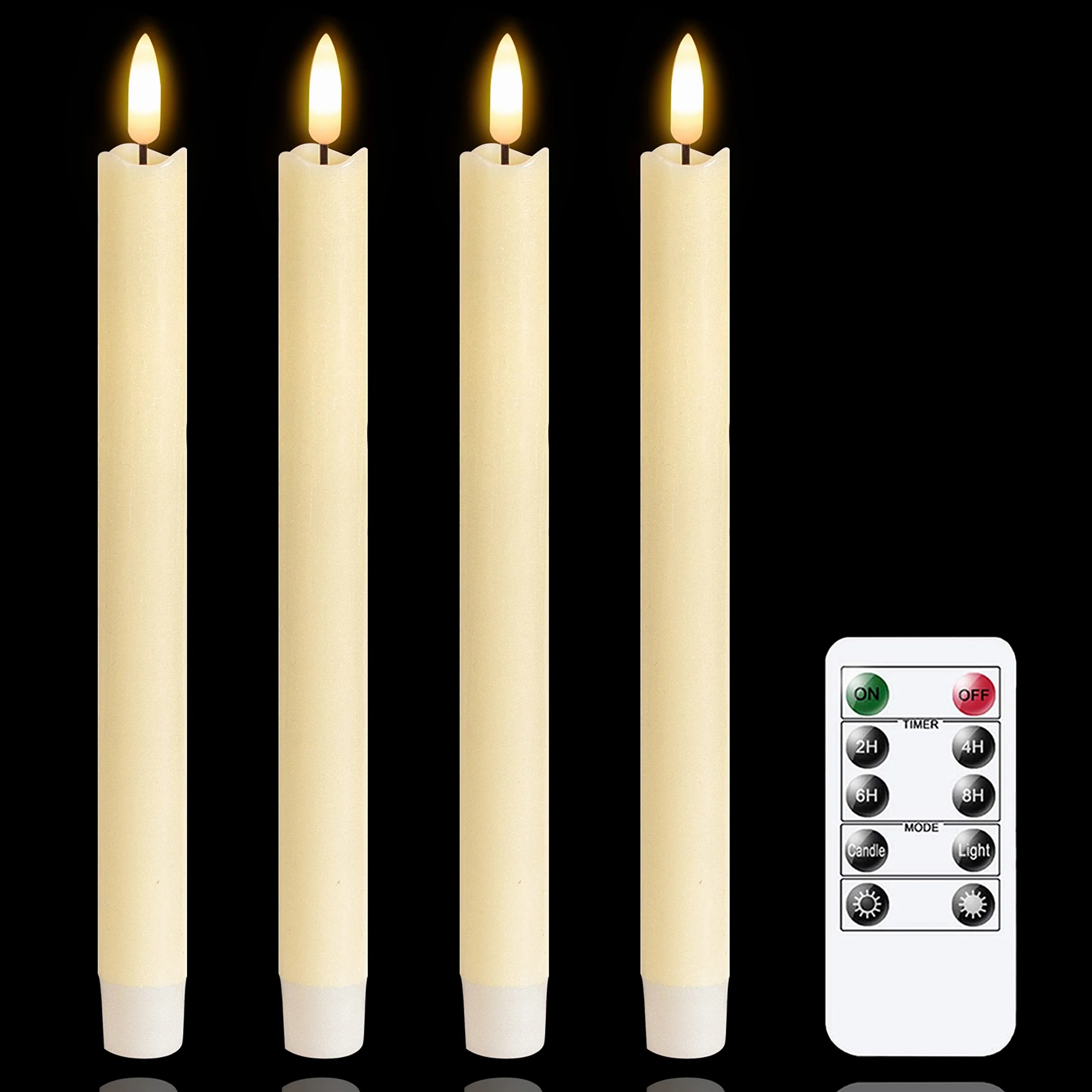 Bougies LED sans flamme avec minuterie, ivoire vacillantes sur piles, lot de 4 en cire véritable 25cm
