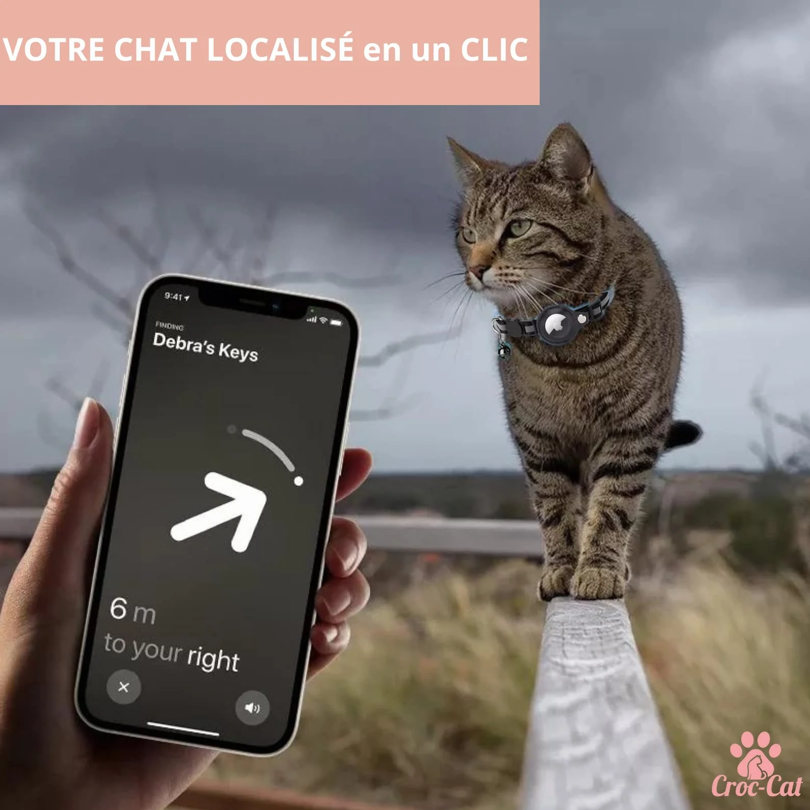 Collier Chat Croc-Cat Compatible Apple AirTag Localisation Léger Confortable Sécurité Maximale