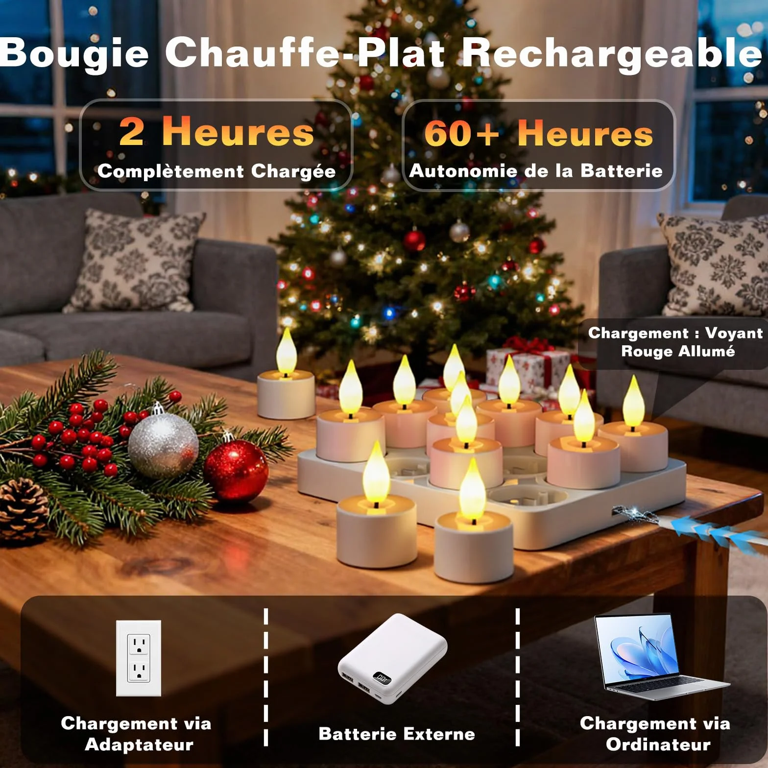 Bougie LED Rechargeable avec Télécommande et Minuterie, 100 Heures Fausse Bougie Flamme Vacillante, Décoration Noël Halloween