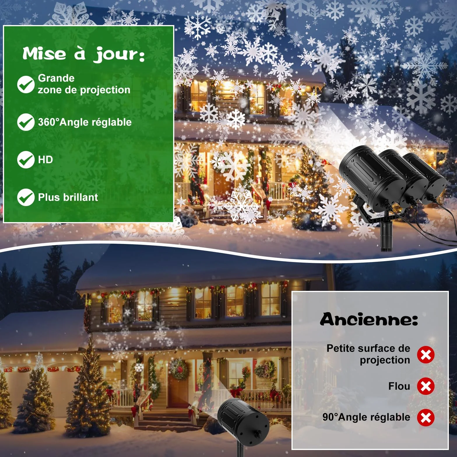 Charmofun Projecteur de Noel Exterieur 3 Têtes Flocons de Neige Dynamique IP44 Étanche Temporisé Déco Lumineuse Noël