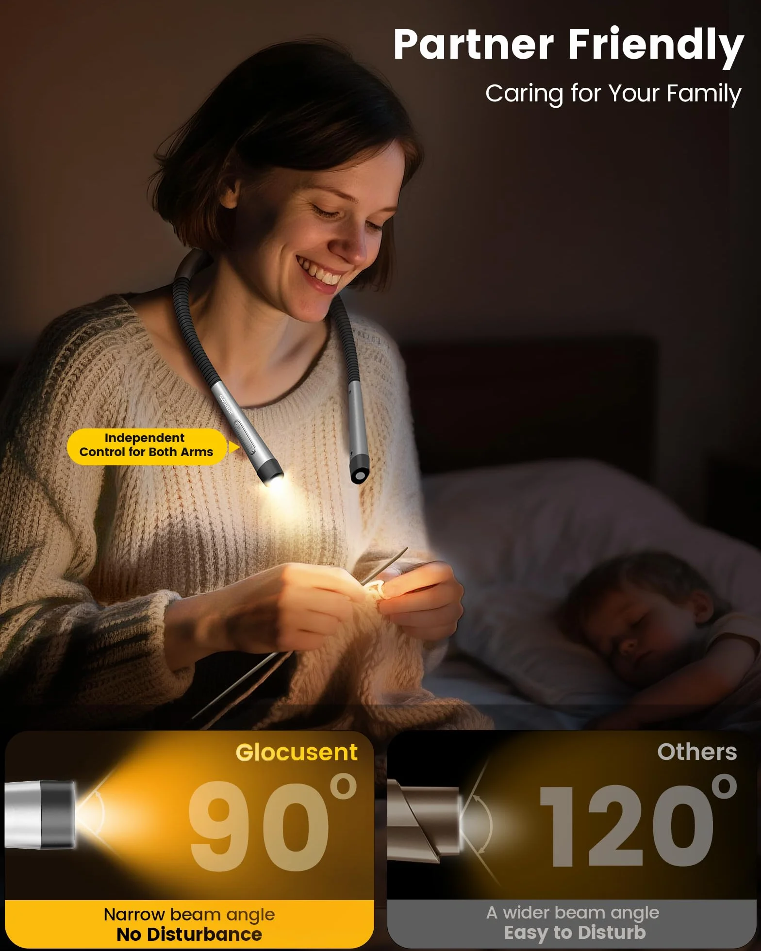 Glocusent Lampe tour de cou, lampe de lecture 3 couleurs 5 niveaux luminosité, rechargeable 100 heures