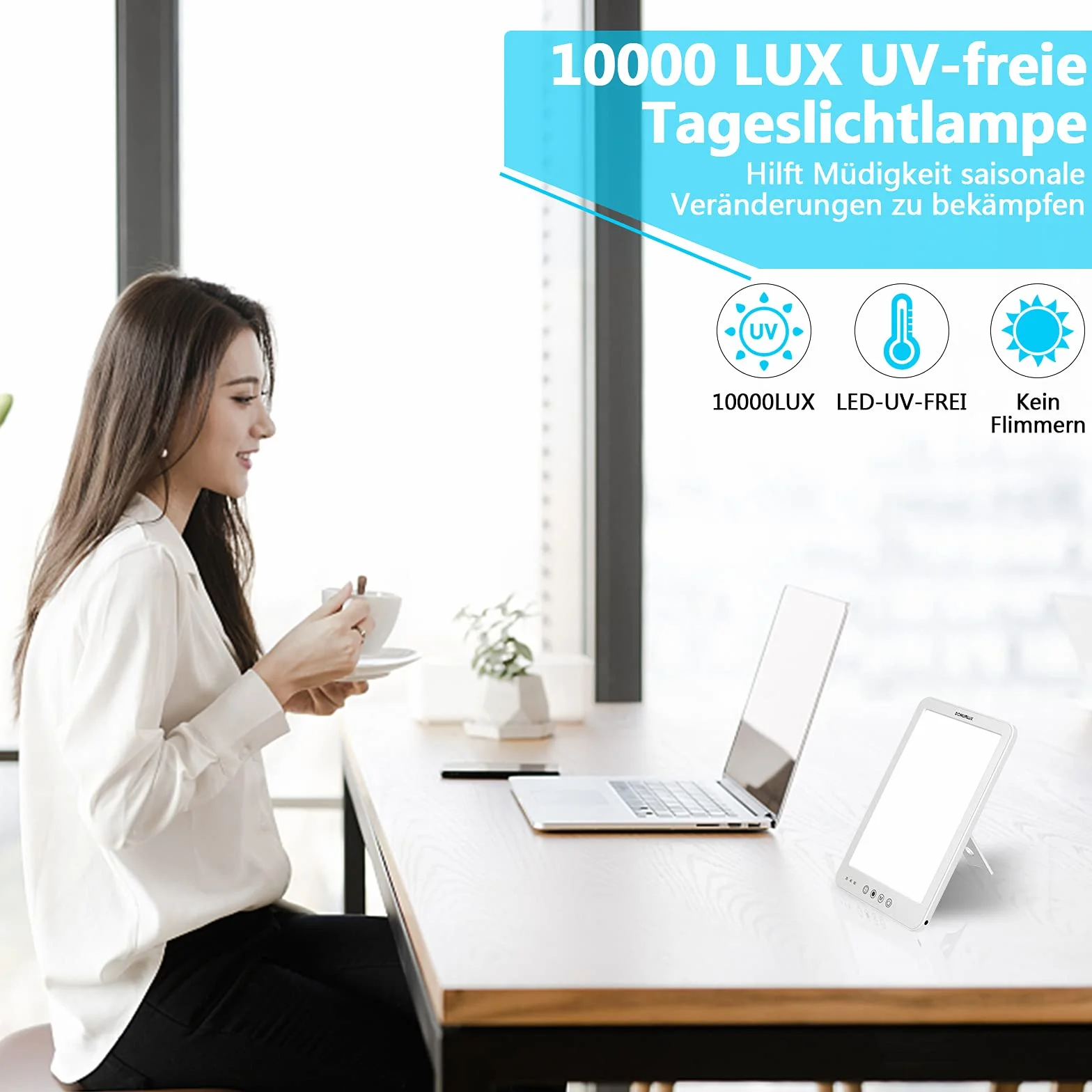 Lampe de lumière du jour 10000 Lux luminothérapie sans UV LED avec luminosité réglable 3 températures couleur Blanc