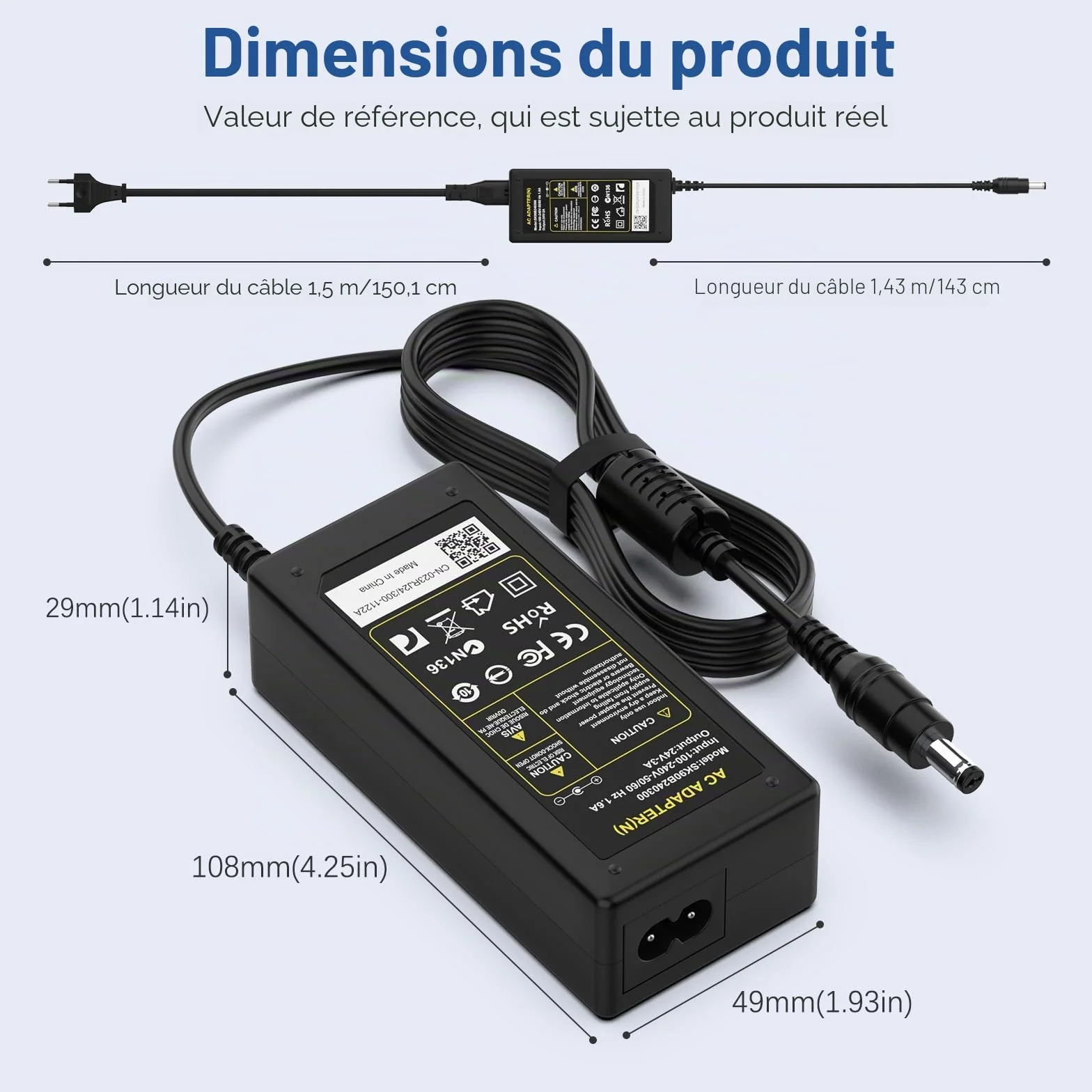 Alimentation 24V 3A 72W Transformateur LED Adaptateur Secteur Chargeur 5.5*2.1mm