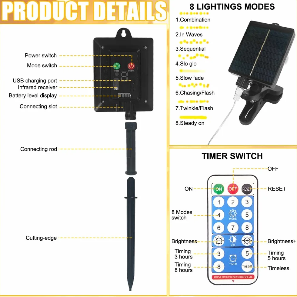Lampes Solaires pour Parasol 104 LED 8 Modes Télécommande USB Jardin