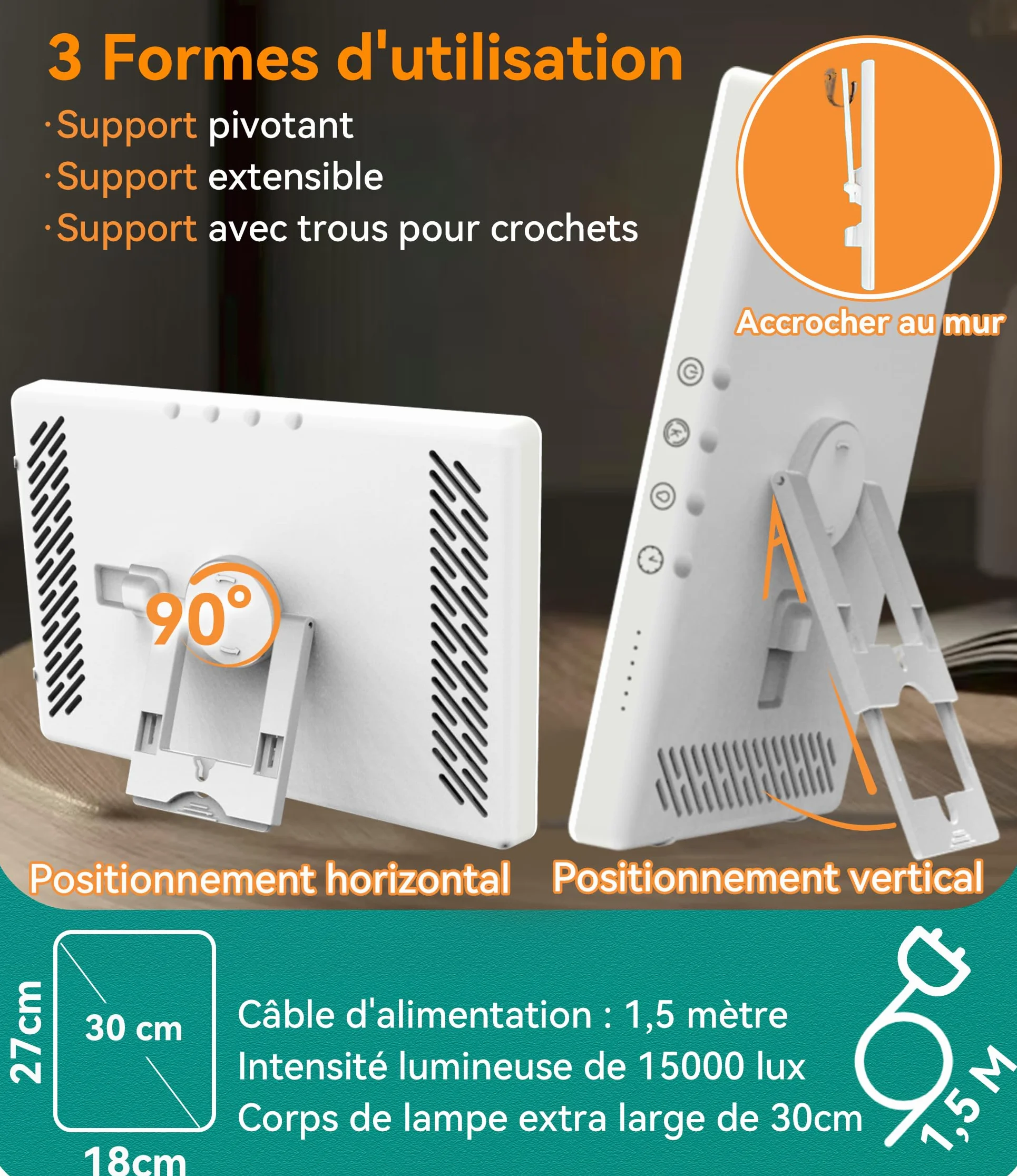 Lampe de Luminothérapie 15000 Lux, 30cm, 3 Températures de Couleur, 5 Niveaux de Luminosité