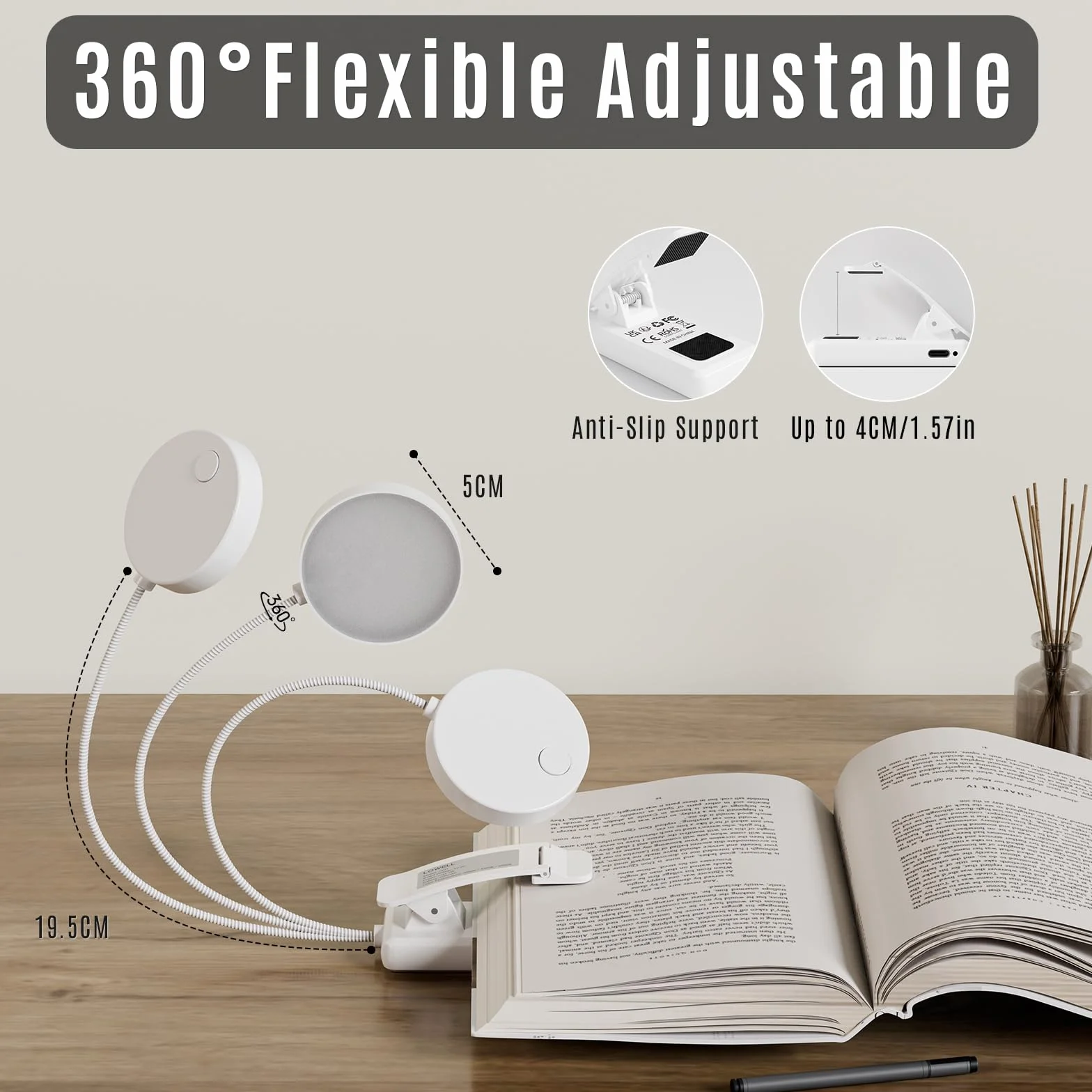 Lampe de Lecture 31 LED, Liseuse Lampe Clip Rechargeable, Protection des Yeux, 3 Températures de Couleur, Gradation Continue, Angle Flexible 360°