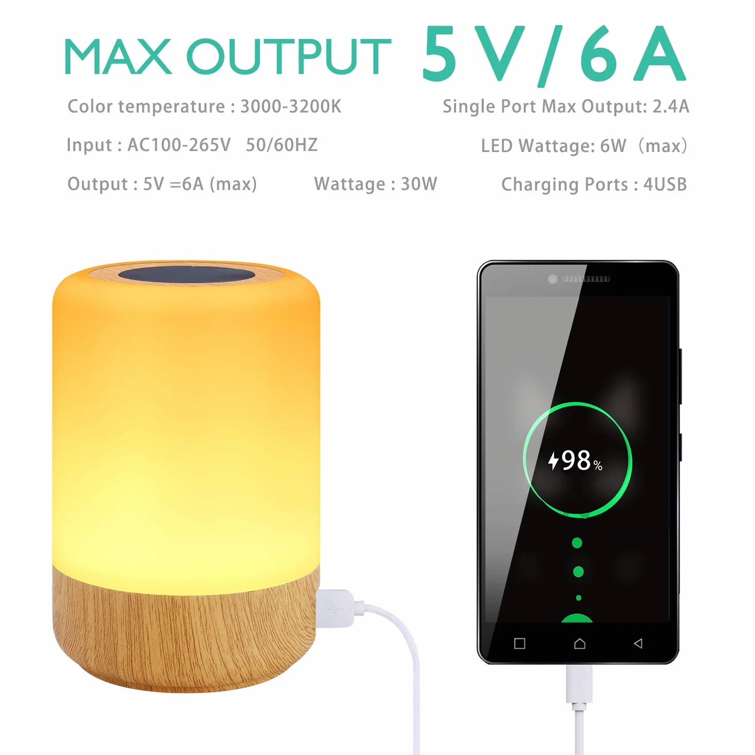 Lampe de Chevet LED Tactile avec 4 Ports USB-A, 8 Couleurs, 10 Niveaux de Luminosité, Veilleuse pour Chambre