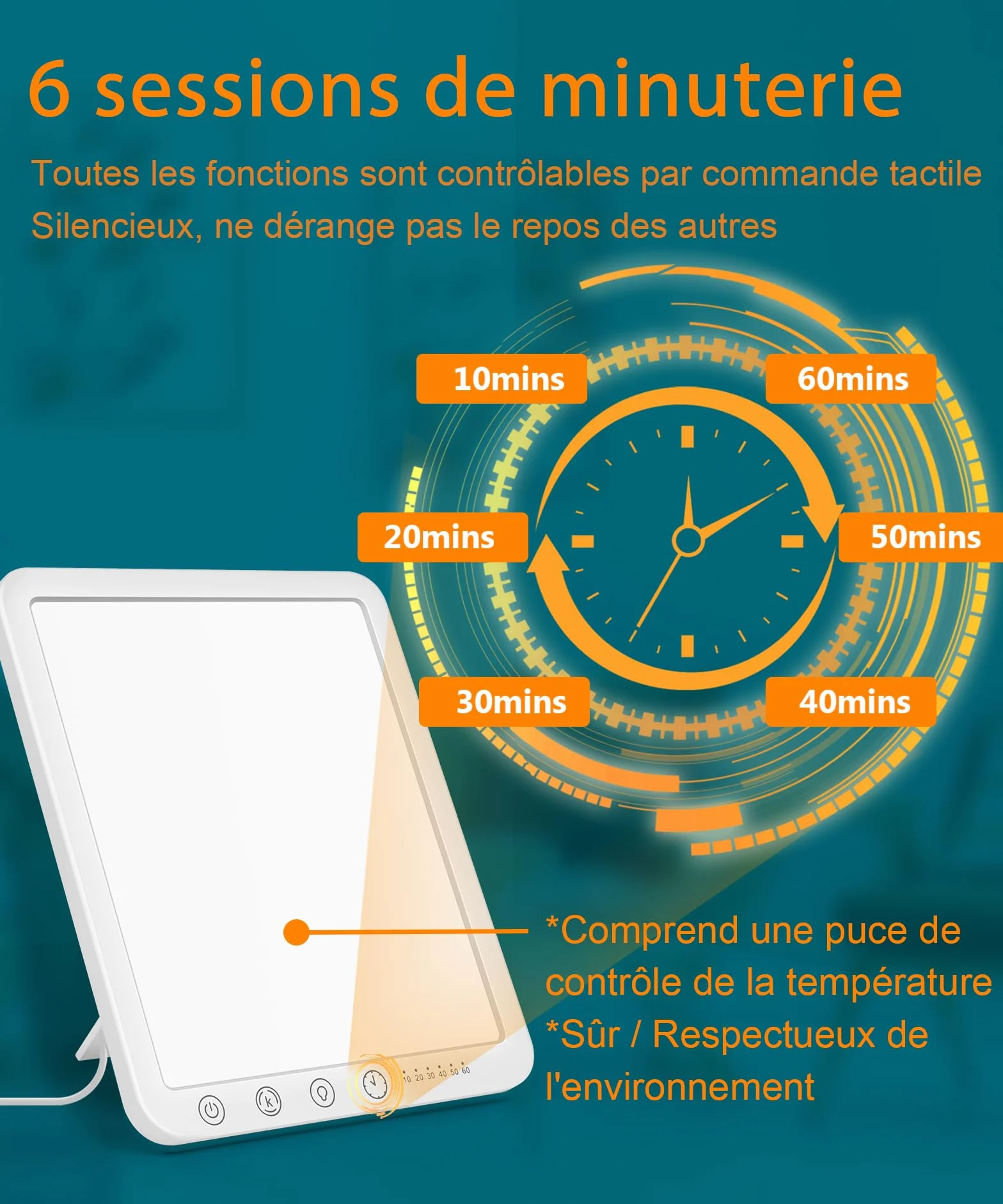 Lampe de Luminothérapie 15000 Lux, Simulation Lumière du Jour, 3 Températures de Couleur, 5 Niveaux de Luminosité, 6 Minuterie