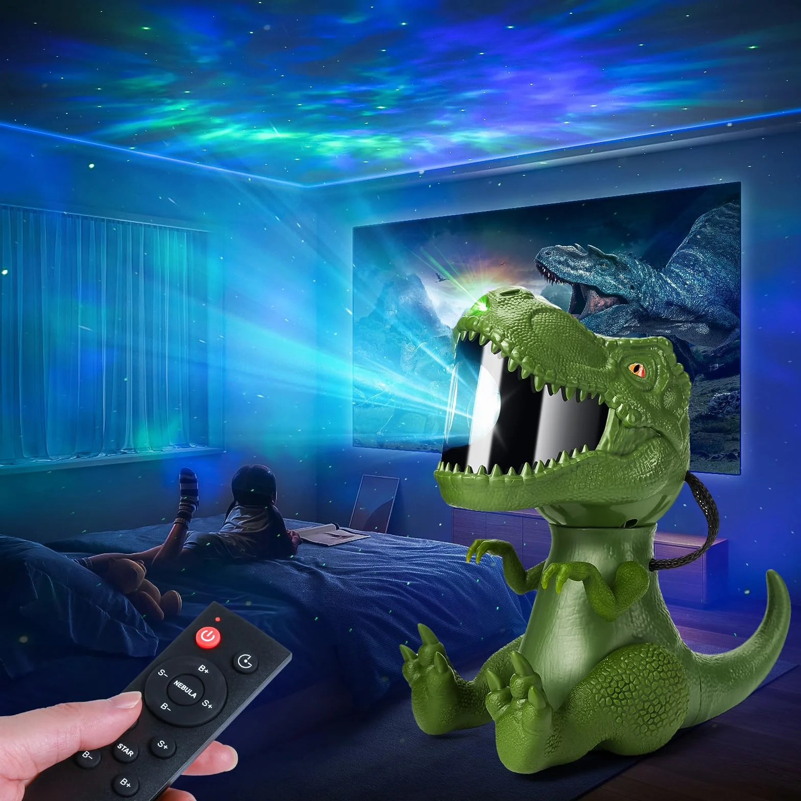 Projecteur Ciel Étoilé Dinosaure Galaxie avec Nébuleuse et Étoile Minuterie Télécommande Angle Réglable Veilleuse
