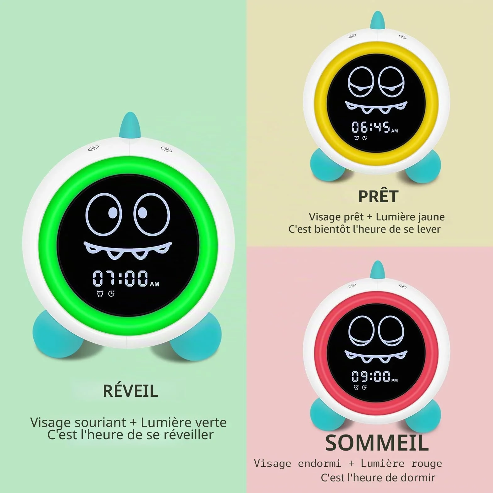 Réveil pour Enfants avec Veilleuse, Machine Sonore et Temps de Réveil, Entraîneur de Sommeil (Vert)
