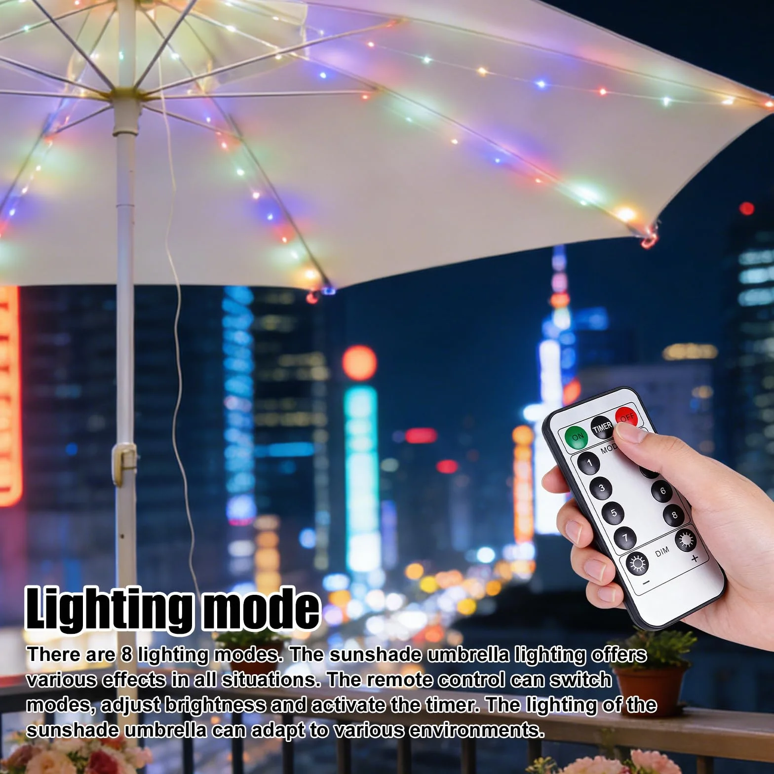 Guirlande lumineuse LED pour parasol IP67 8 modes avec télécommande