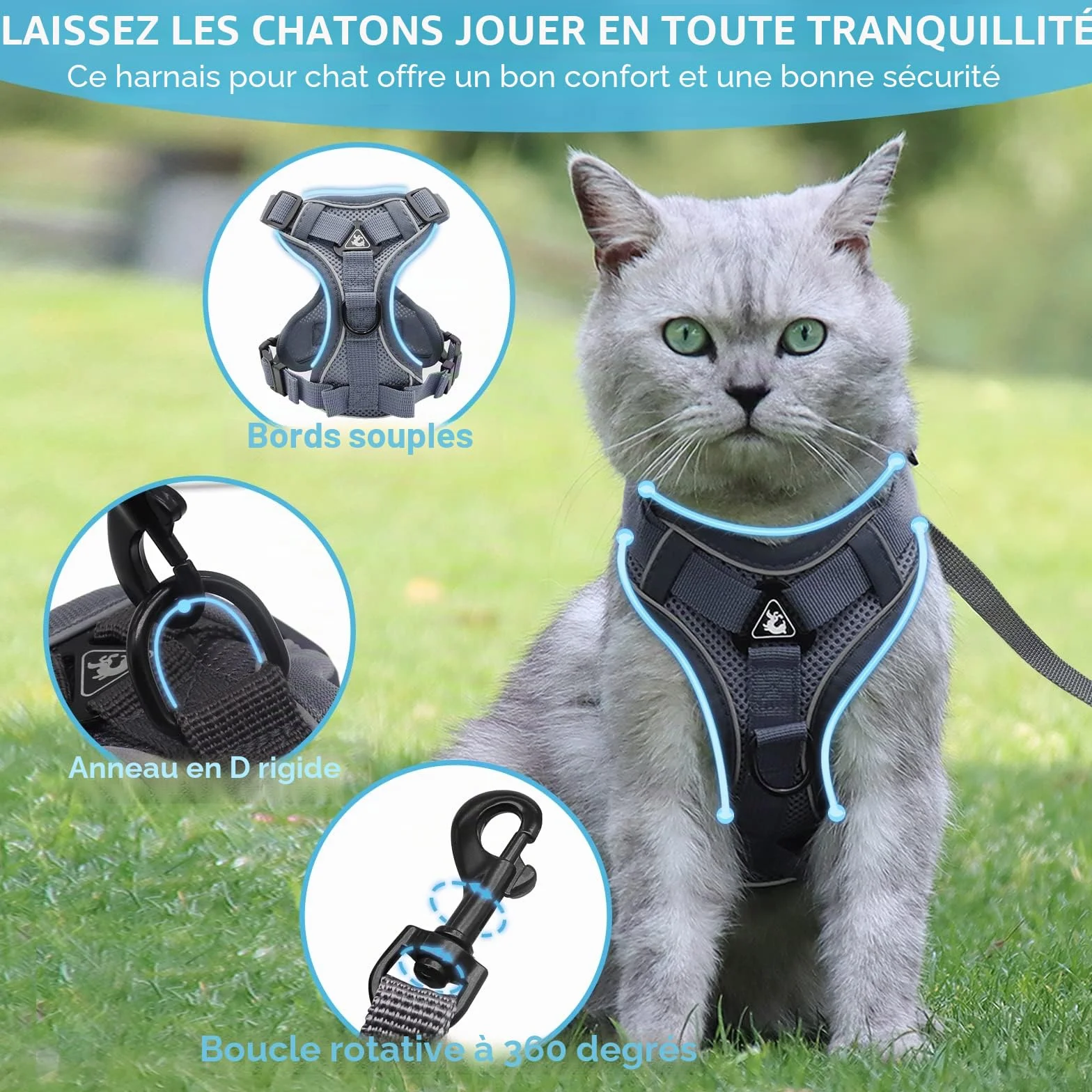 Grantop Harnais réglable anti-éclatement pour chat avec laisse Gris M
