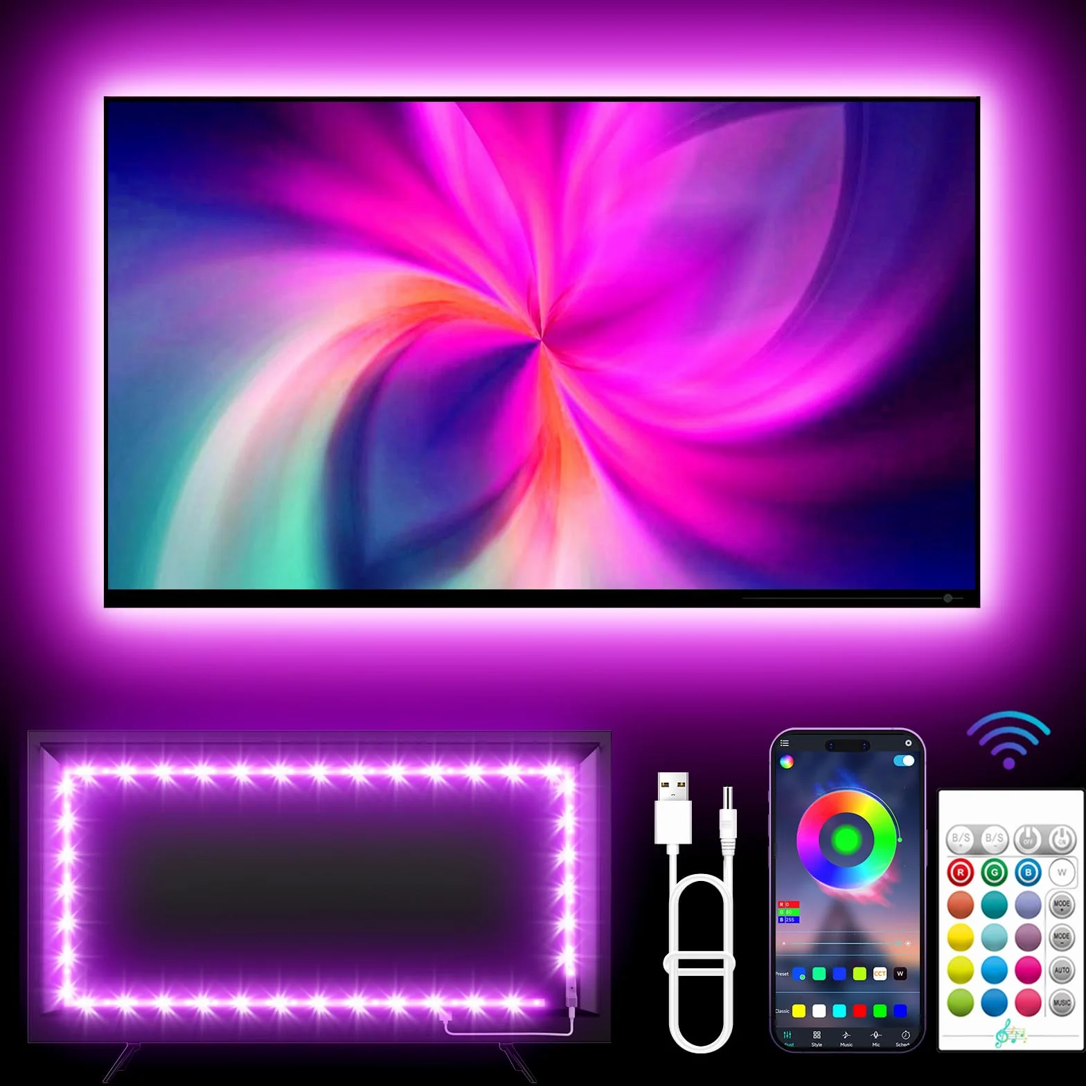 Ruban LED TV 4M pour TV 45"-55" Bluetooth USB alimenté avec télécommande