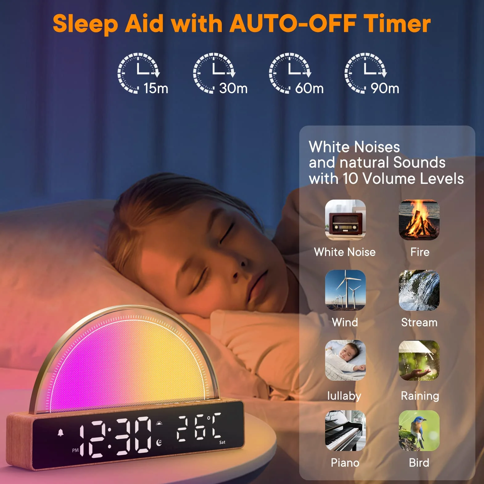 Réveil Lumineux Simulation Lever du Soleil Snooze 6 Sonneries 10 Sons Sommeil Minuterie Affichage Température 7 Couleurs Changeantes