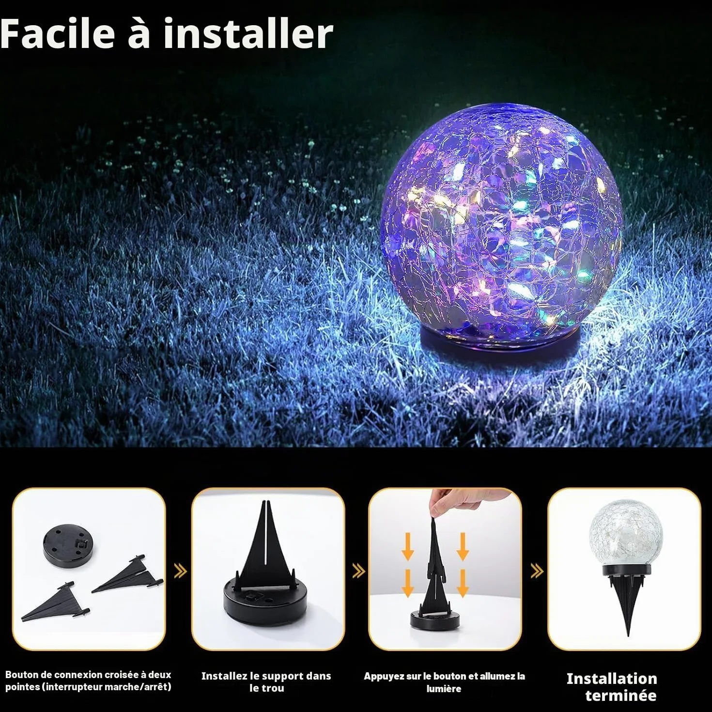Lampes Solaires de Jardin Lot de 4 Boules en Verre Craquelé Décoration Extérieure Étanche
