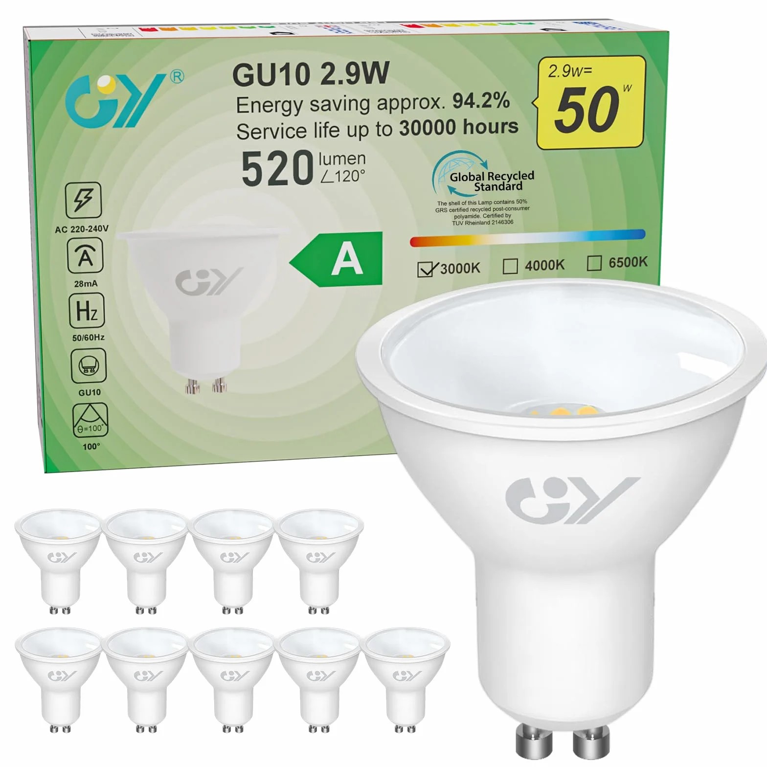Ampoules LED GU10 Classe A 2.9W Equivalent 50W 520LM 3000K Blanc Chaud Angle 100° Non-Dimmable Lot de 10