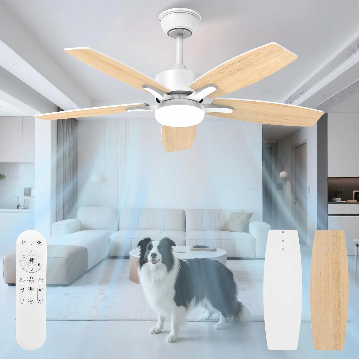 Ventilateur Plafond avec Lumiere et Telecommande, 106cm Dimmable Lampe LED, 5 Pales Bois Clair/Blanc, 6 Vitesses