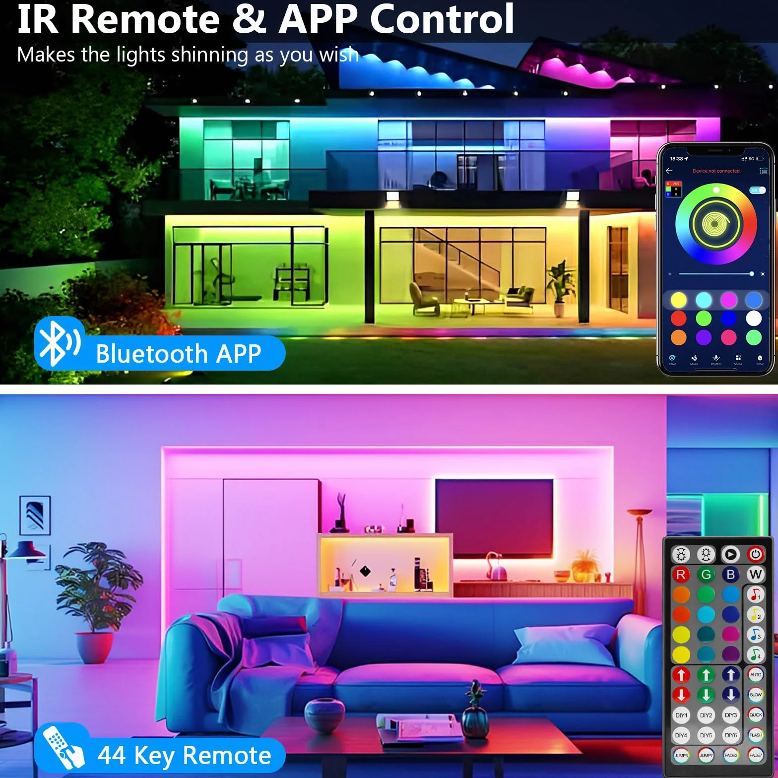 Ruban LED 20m RGB Bluetooth APP Télécommande 44 Touches Bande Lumineuse Chambre Décoration Gaming