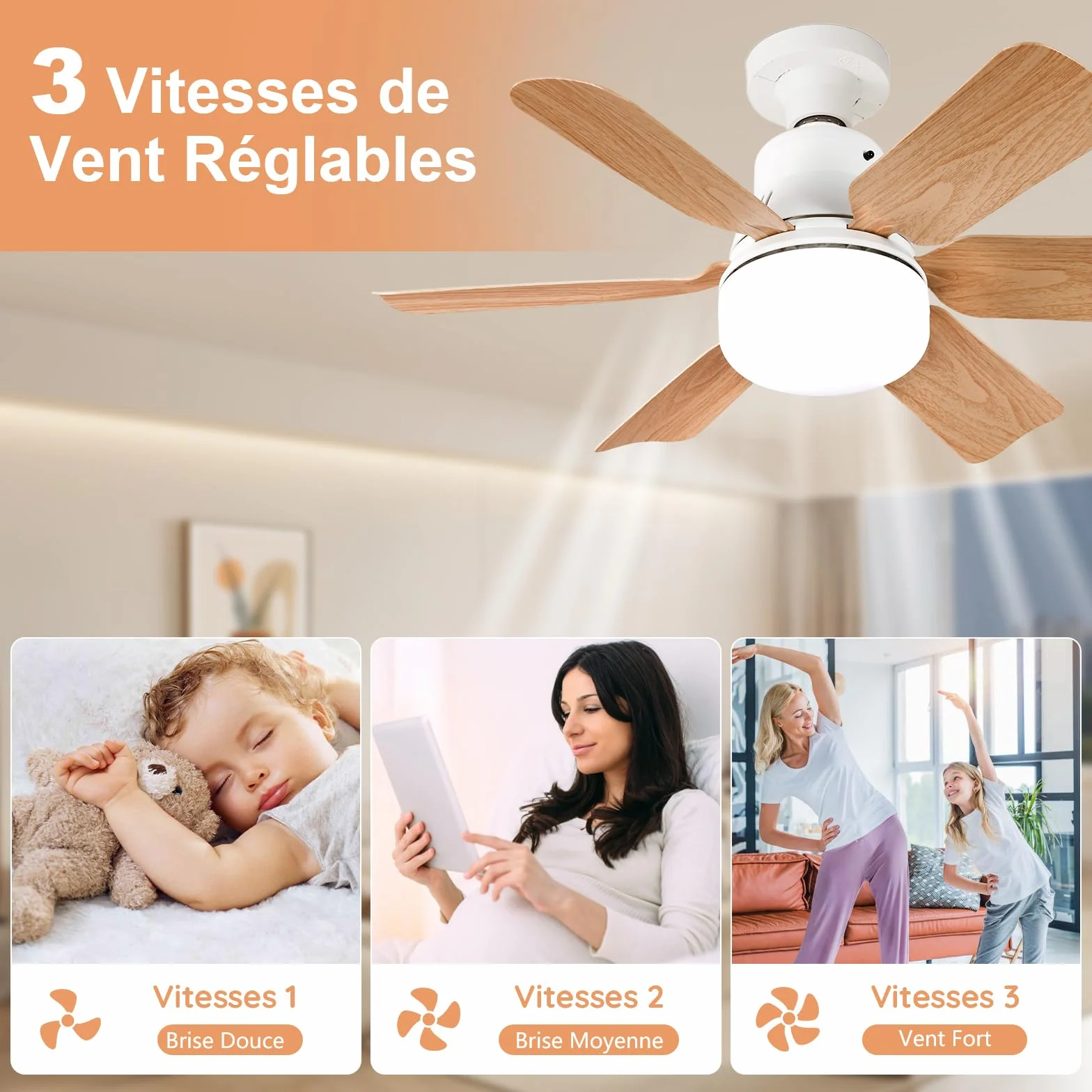 Ventilateur Plafond avec Lumiere 51CM Télécommande 3 Vitesses Réglage Luminosité Température Couleur Bois