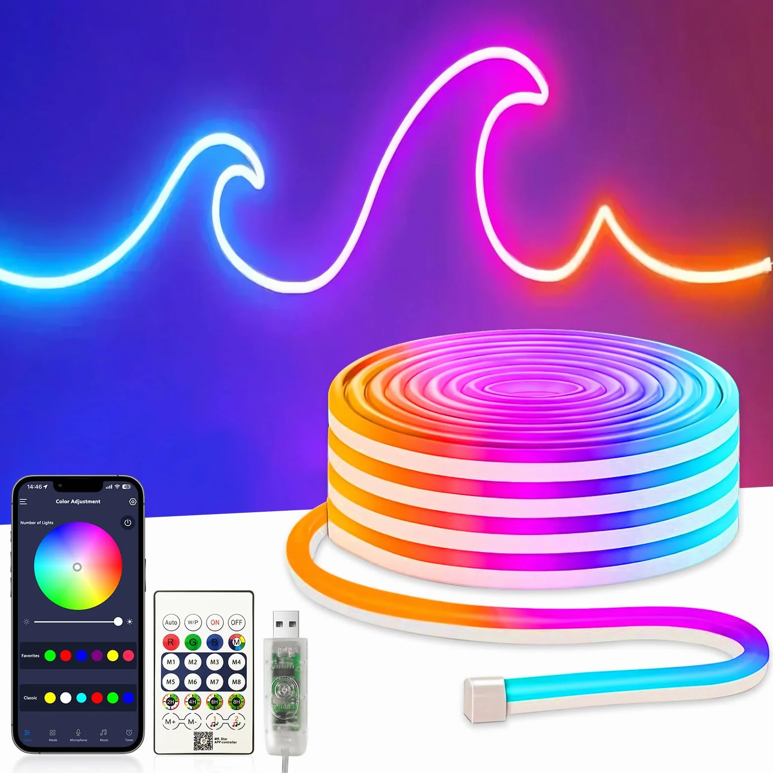 Bandes LED RGBIC 5M, Contrôle Intelligent par App, Flexible Étanche Découpable, Synchronisation Musique