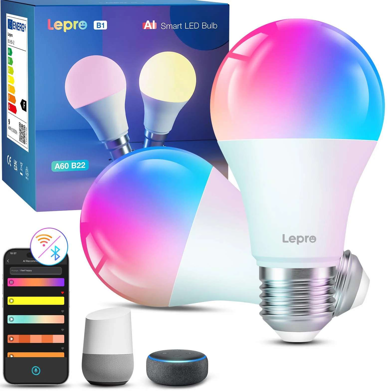 Lepro B1 IA Ampoule Connectée WiFi E27 LED RGB+CCT 2700K-6500K Compatible Alexa/Google Assistant, 2 pcs