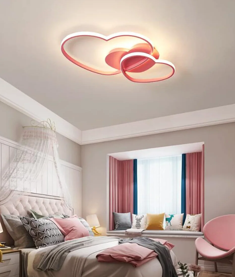 Plafonnier LED Dimmable Coeur Moderne 50cm Rose Avec Télécommande pour Chambre Enfant