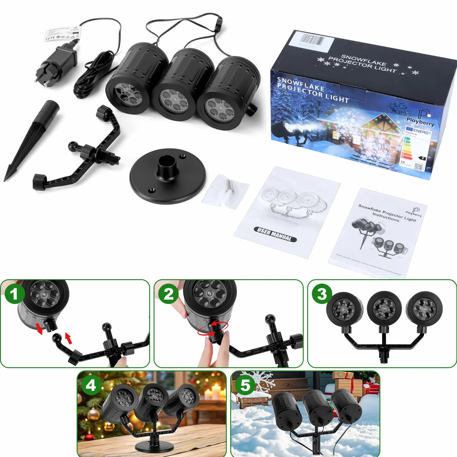 Charmofun Projecteur de Noel Exterieur 3 Têtes Flocons de Neige Dynamique IP44 Étanche Temporisé Déco Lumineuse Noël