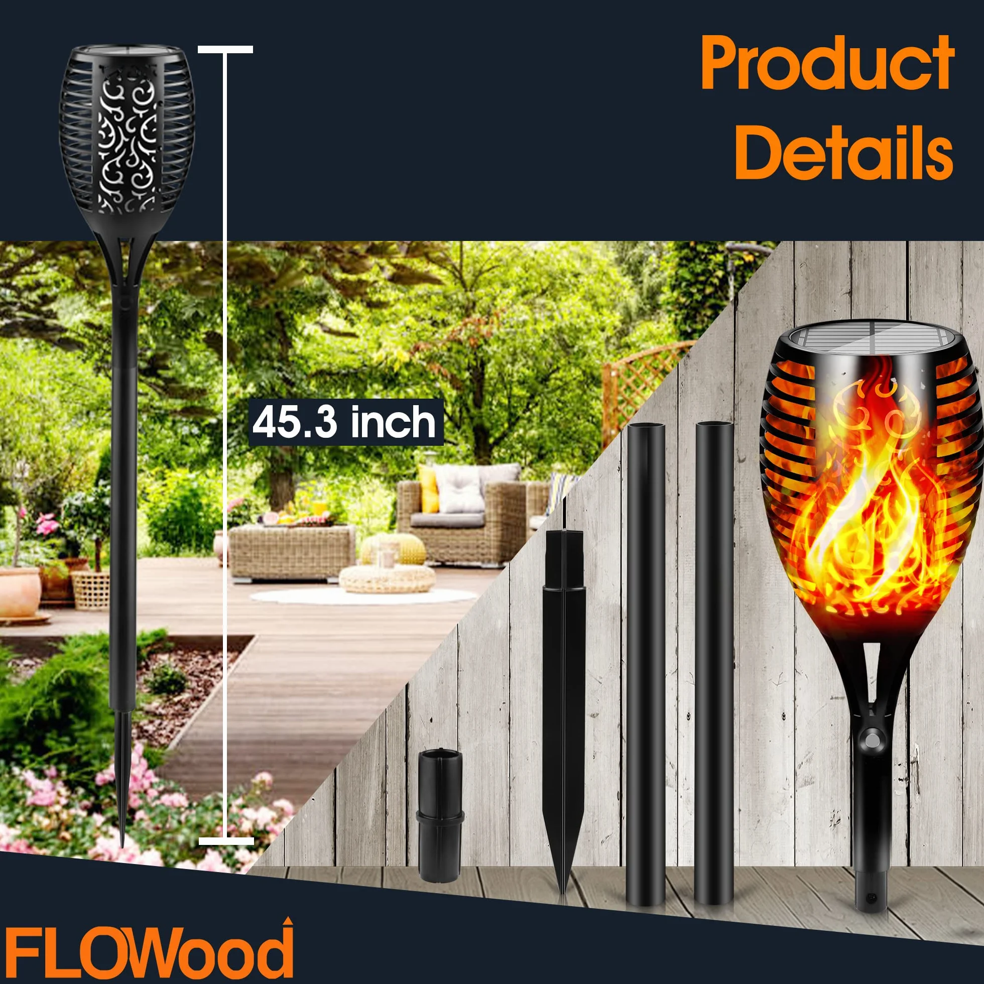 Lot de 4 lampes solaires de jardin FLOWood 96 LED flamme vacillante IP65 extérieur crépuscule à l'aube