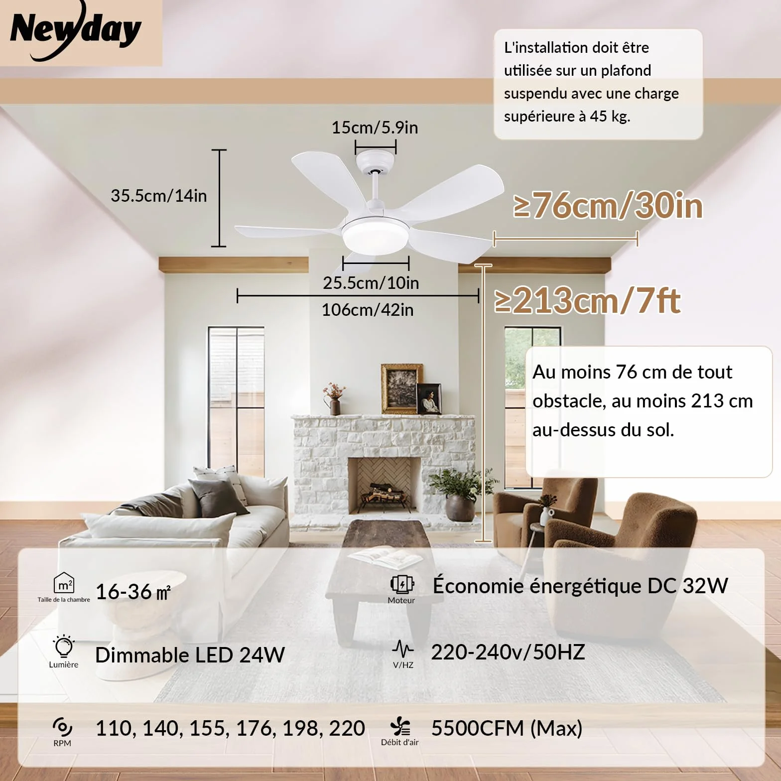 Ventilateur de Plafond Blanc 106CM Silencieux avec Lumiere et Télécommande DC Moteur Réversible