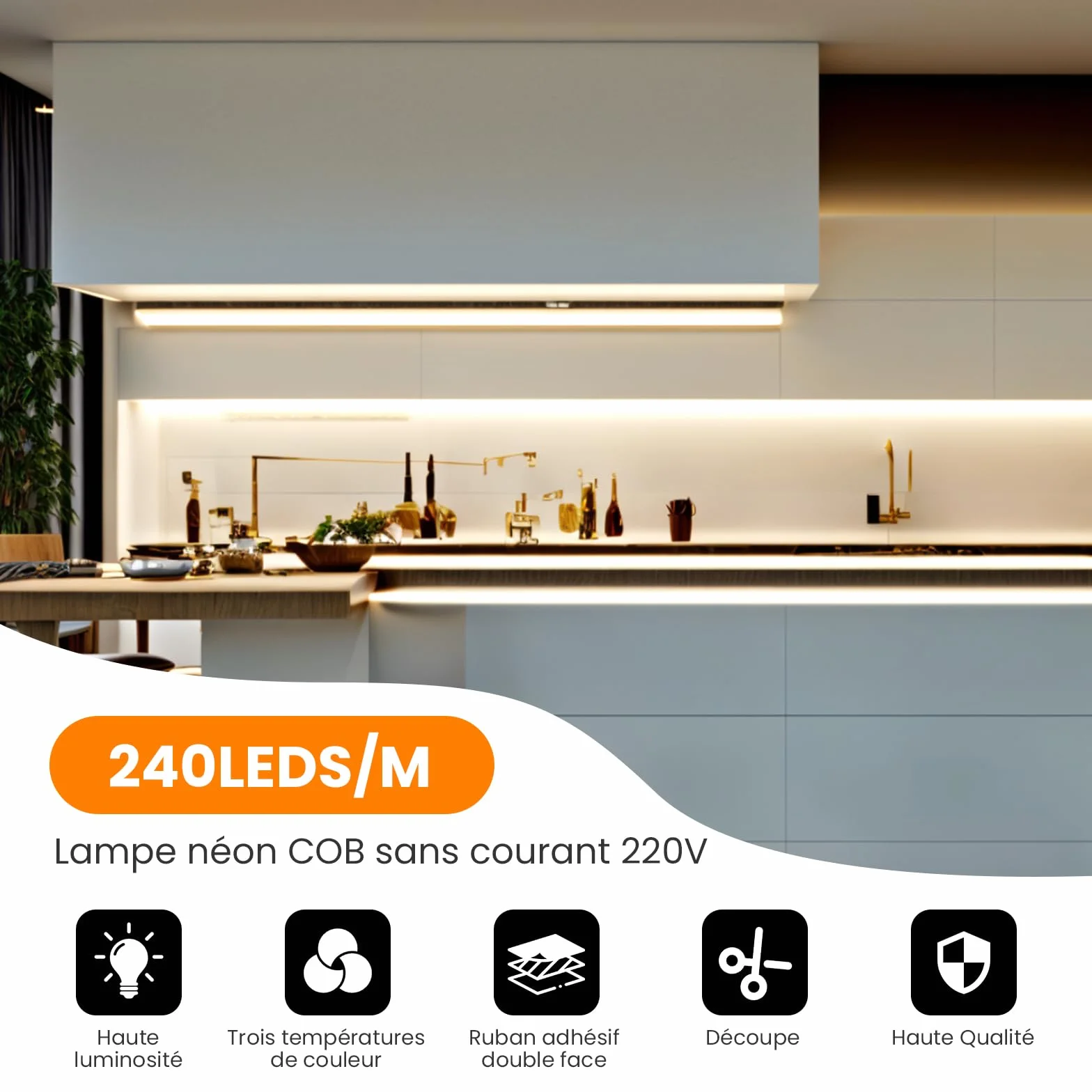 Bande Lumineuse LED COB 240 LEDs/mètre Néon Flex Découpable 220V avec Interrupteur Ruban LED Éclairage Intérieur Extérieur 1M