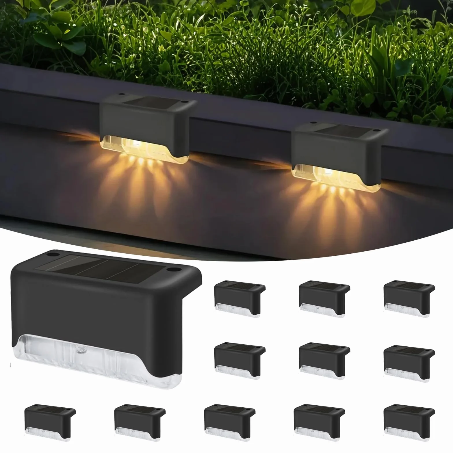 Lampes Solaires Extérieures IP65 Lot de 12 - LED Étanche pour Marches, Clôture, Jardin (Noir, Blanc Chaud)