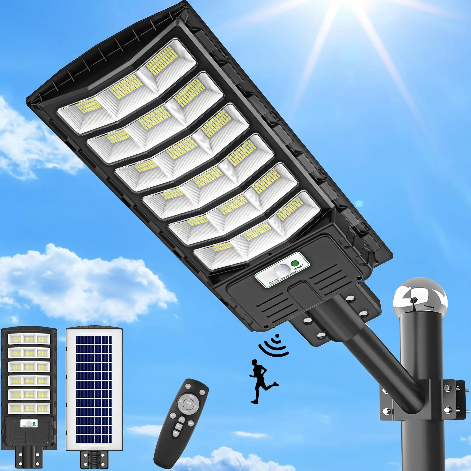 Lampadaire Solaire Exterieur 600W 594 LEDs 6500K 60000LM IP65 avec Détecteur de Mouvement et Télécommande