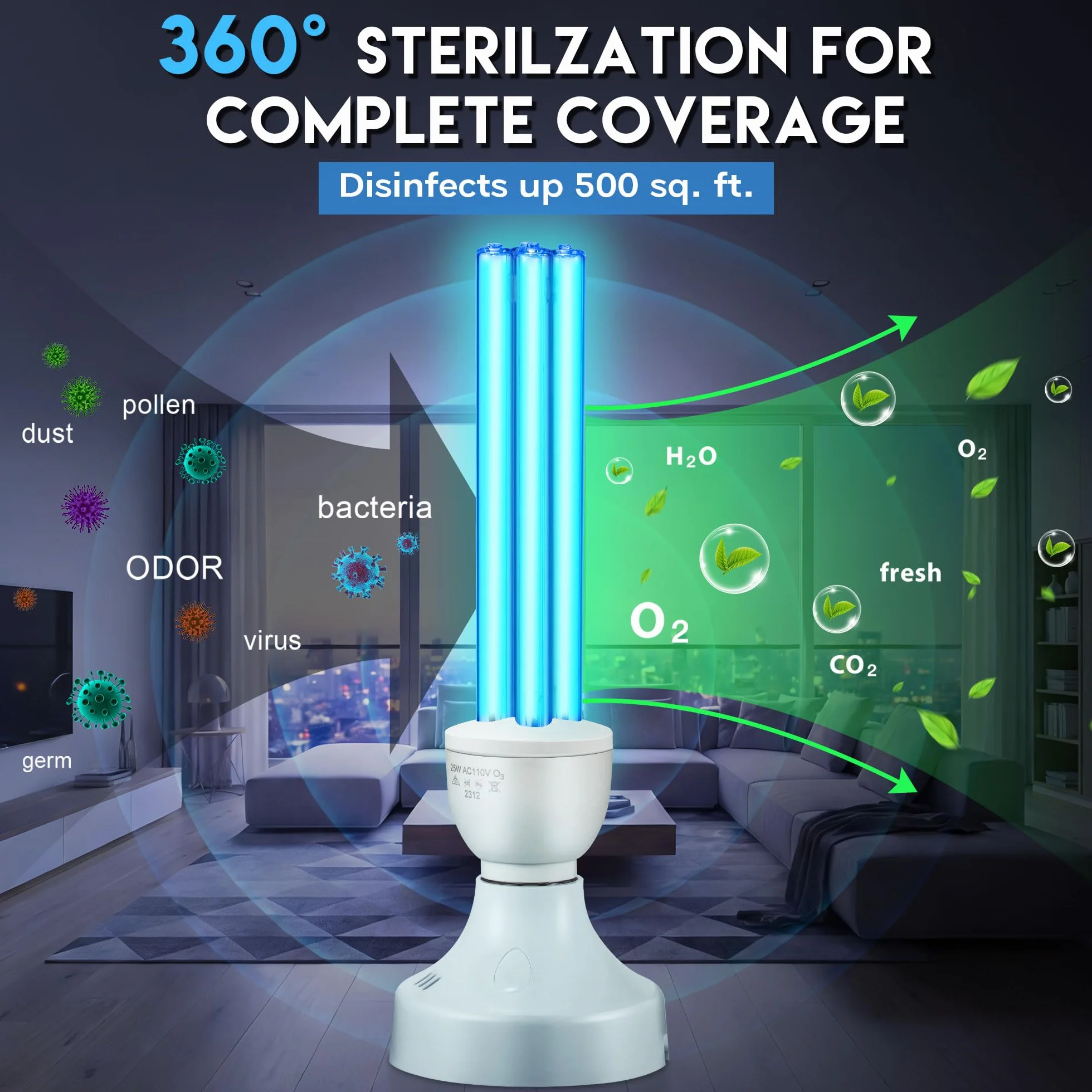 Lampe Germicide UVC 254nm 25W Enhon Ampoule UV Stérilisation 360° 500 Pi² E27 Ozone