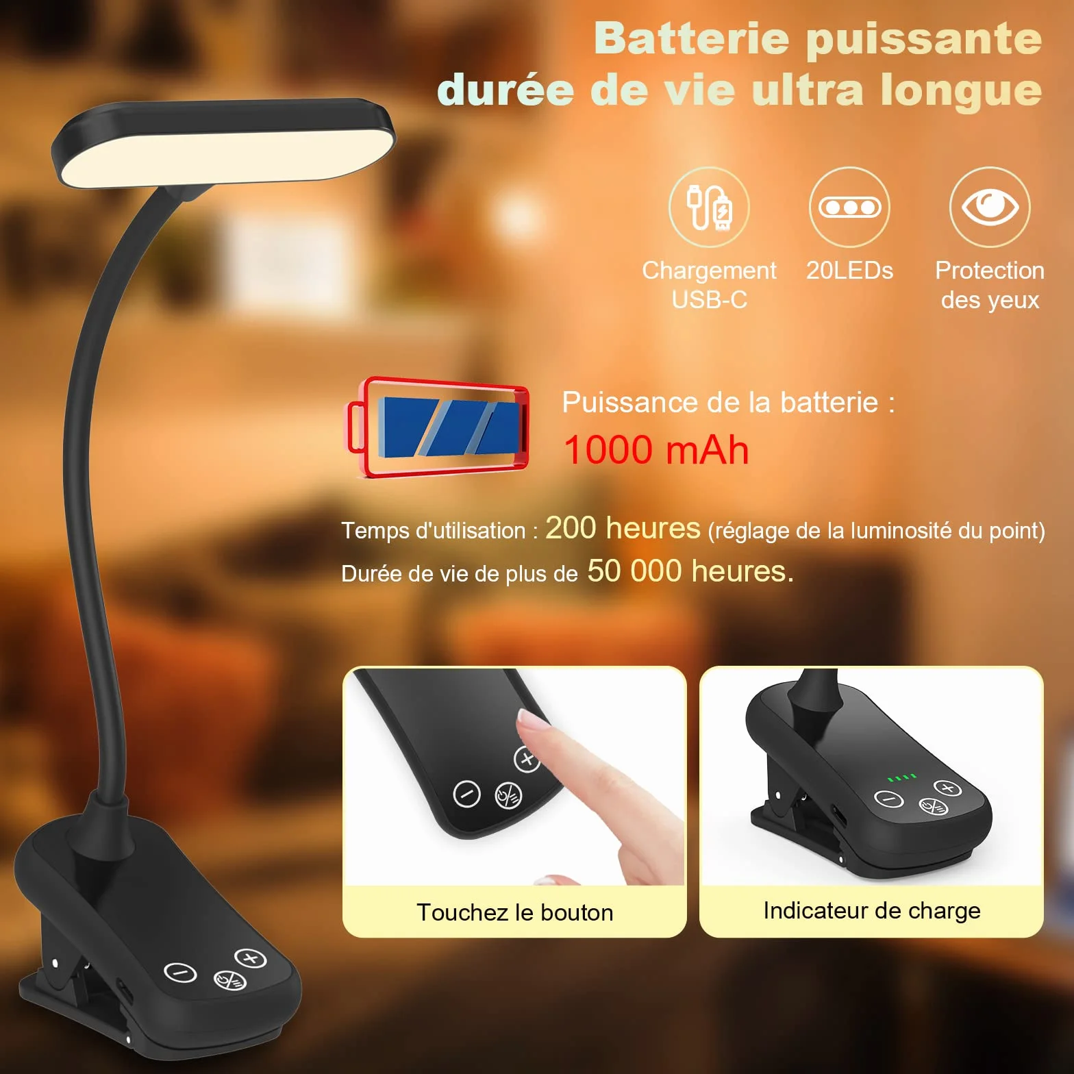 Lampe de Lecture Horizontale LED Rechargeable USB, 20 LEDs, Portable, Contrôle Tactile, 3 Couleurs, 1000mAh