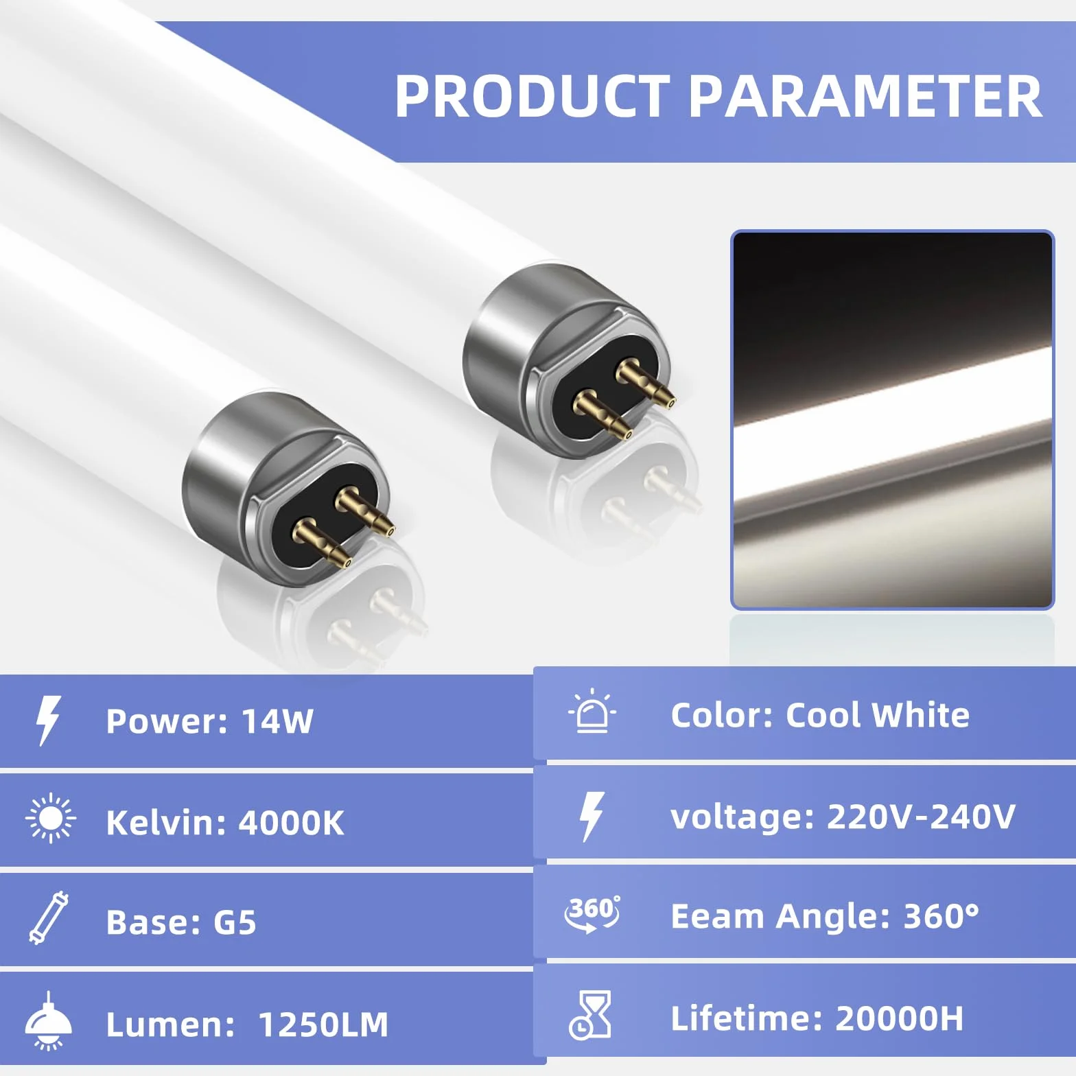 Tubes Fluorescents 14W T5 563mm Blanc Froid 4000K G5 Faible Consommation 2 Pack