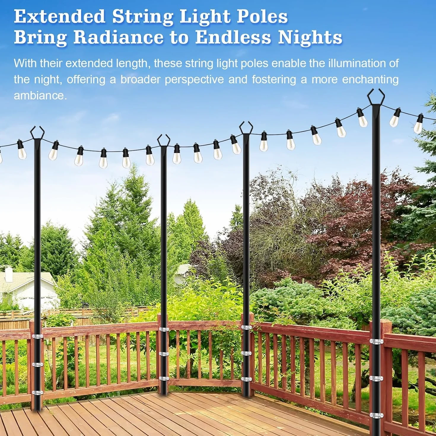 Lot de 4 poteaux en métal 3 m avec fourchette pour guirlande lumineuse extérieure, support de jardin