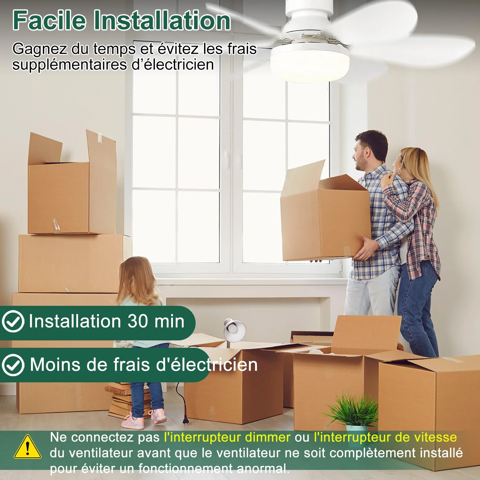 Ventilateur de Plafond avec Lumière Télécommande 52CM 30W 1800 Lumen 3000-6500K 3 Couleurs 3 Vitesses E27 Blanc