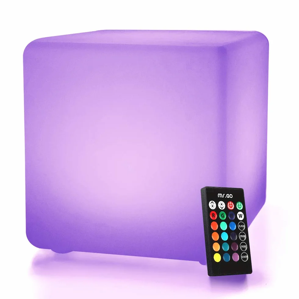 Mr.Go 10" LED Cube Lumineux Lampe d'Ambiance avec Télécommande, 16 Couleurs RGB, Dimmable, Rechargeable, Imperméable Intérieur Extérieur