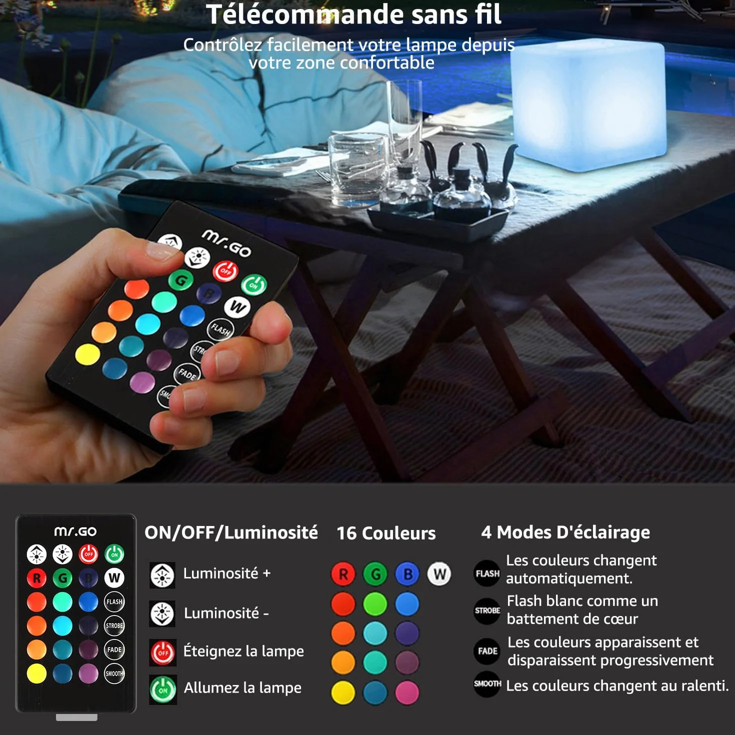 Mr.Go 10" LED Cube Lumineux Lampe d'Ambiance avec Télécommande, 16 Couleurs RGB, Dimmable, Rechargeable, Imperméable Intérieur Extérieur