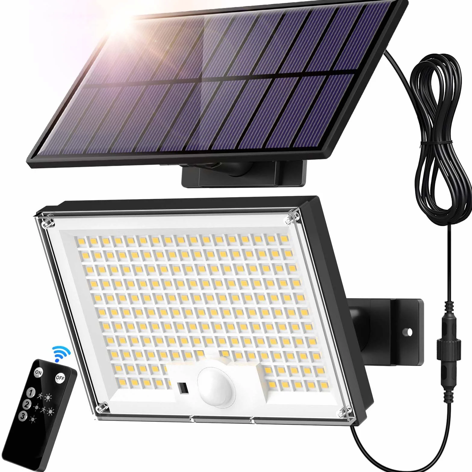 SIGRILL Lampe Solaire Extérieur 172 LED 3 Modes Détecteur de Mouvement IP65 Eclairage Exterieur Câble 5M Jardin Garage