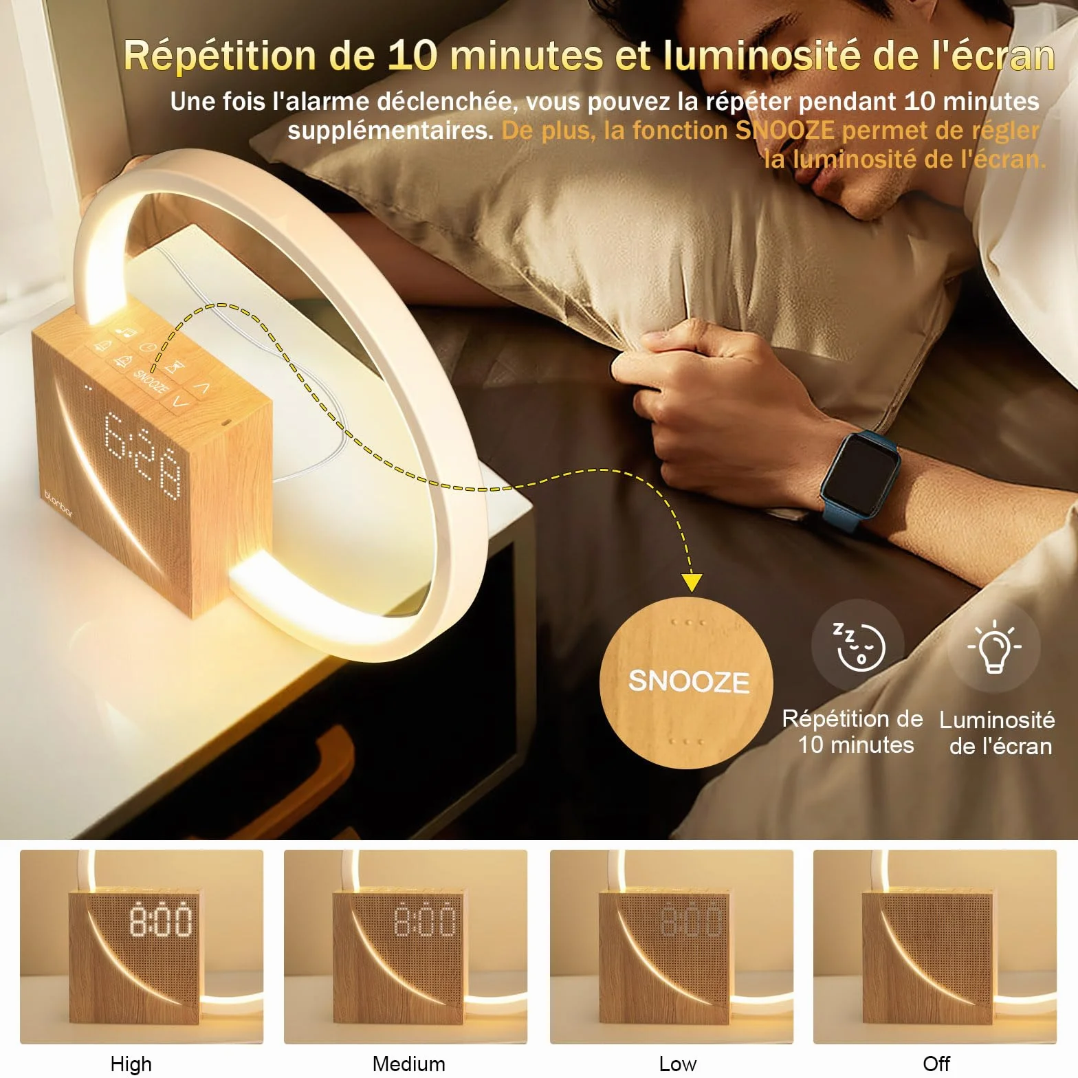 blonbar Lampe De Chevet USB Réveil Lumière Touch Control 10W Veilleuse 3 Niveaux Luminosité
