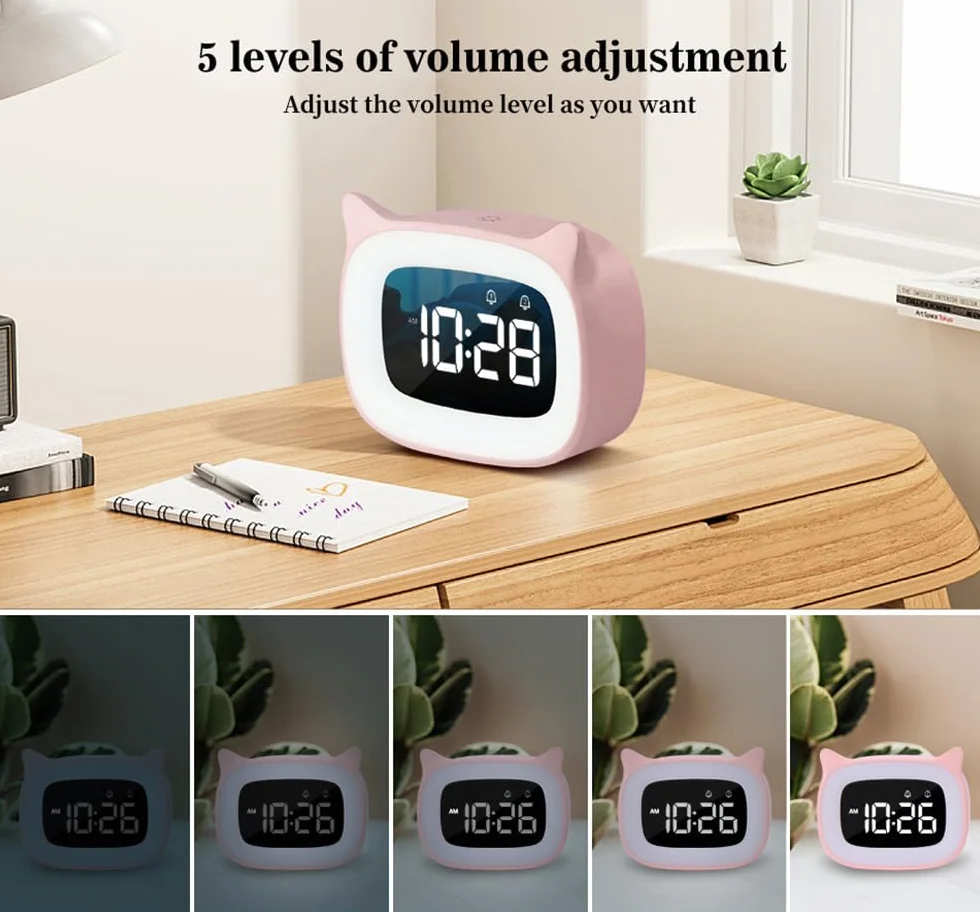 Réveil Enfant Éducatif LED Veilleuse Pendule Chambre Kid 5 Couleurs 18 Musiques Cadeau Anniversaire Fille Garçon Rose