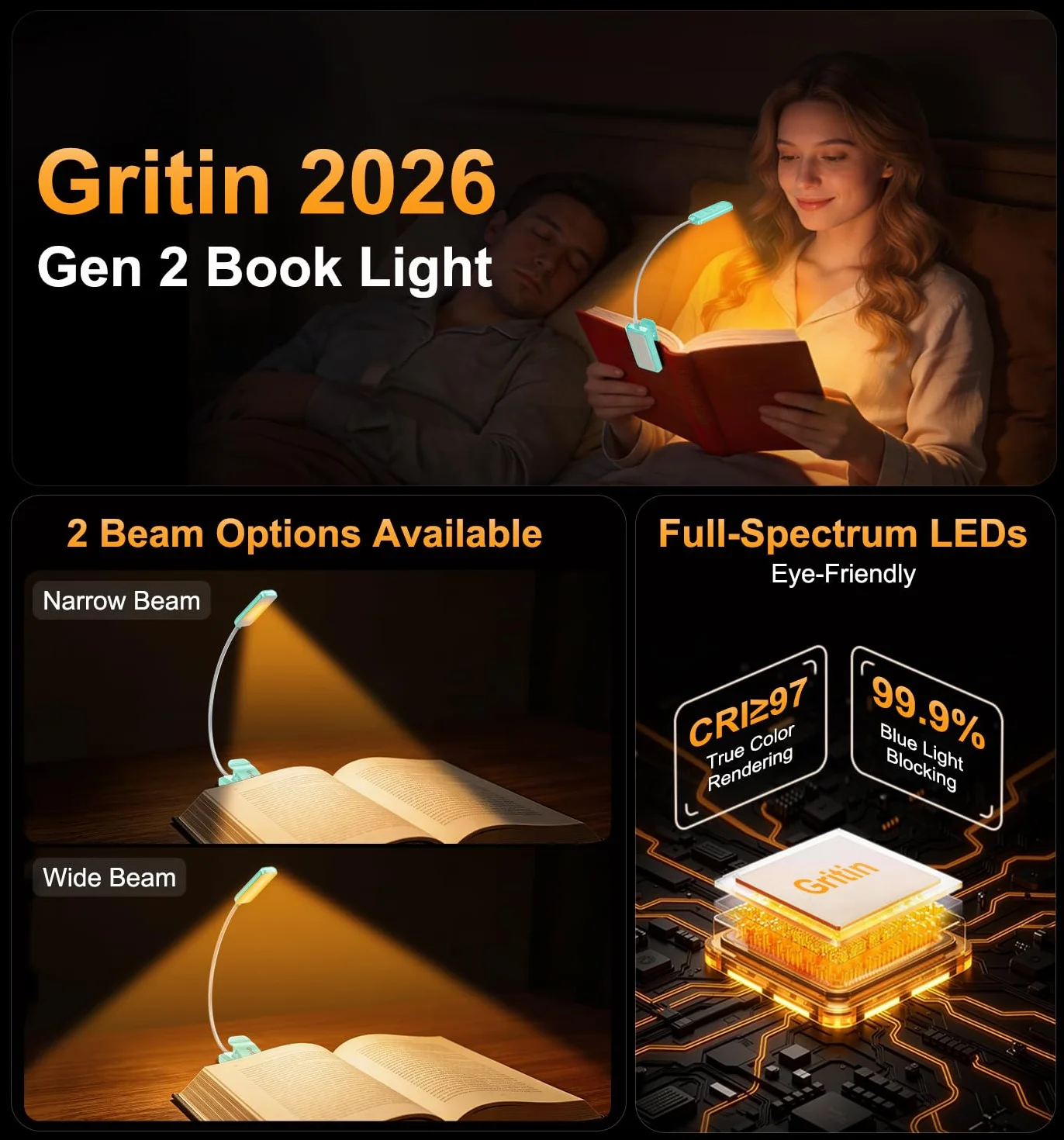 Gritin Gén.2 Lampe de Lecture 30 LED Spectre Complet Liseuse Clip 1500mAh Rechargeable